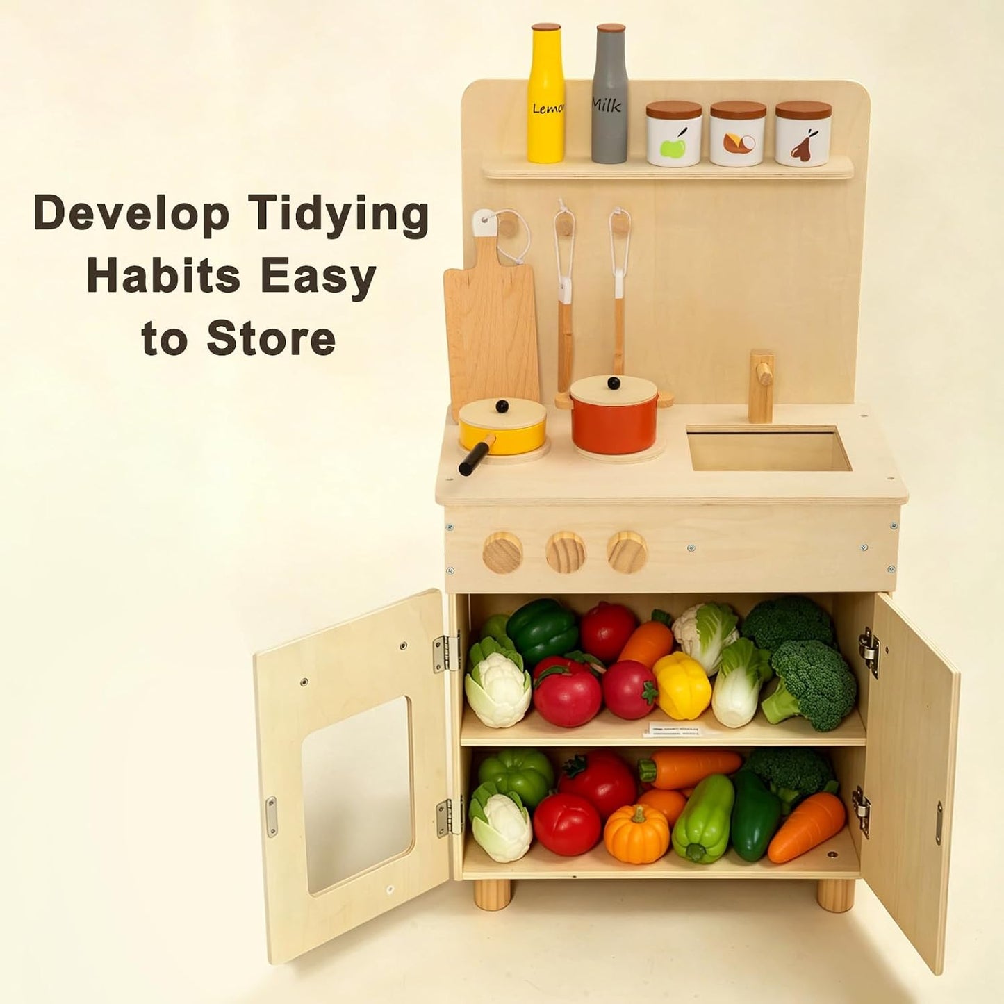 Juego de cocina de madera para niños pequeños, gabinete de cocina p...