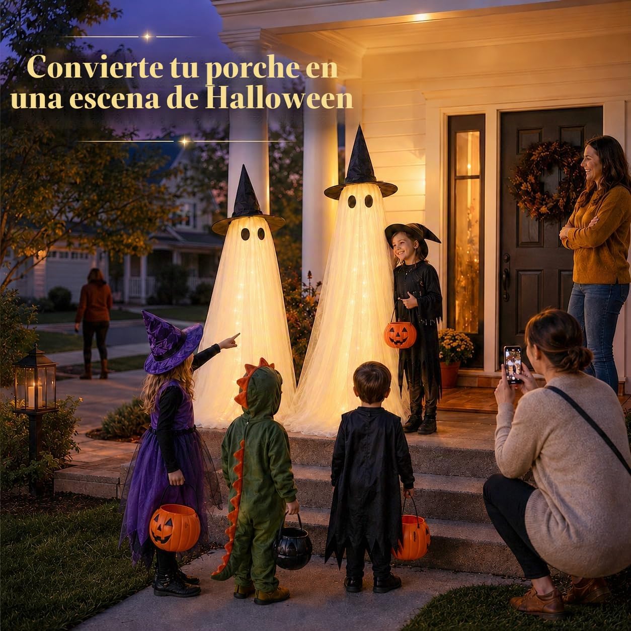 Paquete de 2 decoraciones de fantasmas iluminadas grandes de 5 pies...