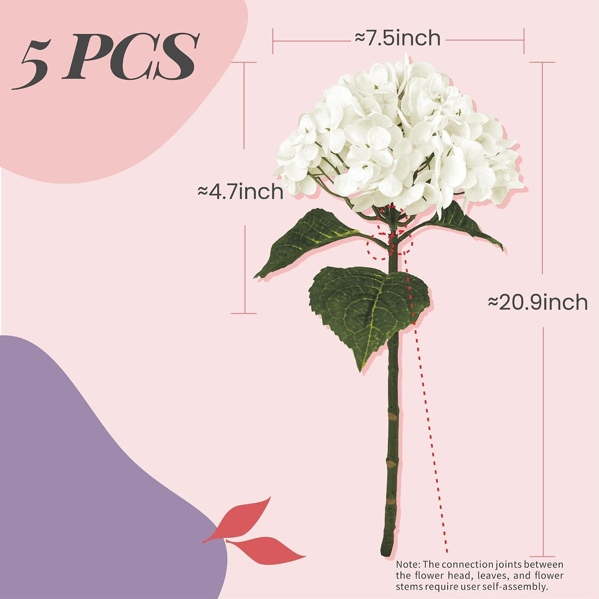 Yatim Hortensias artificiales blancas de 21 pulgadas con tallos 5 p...