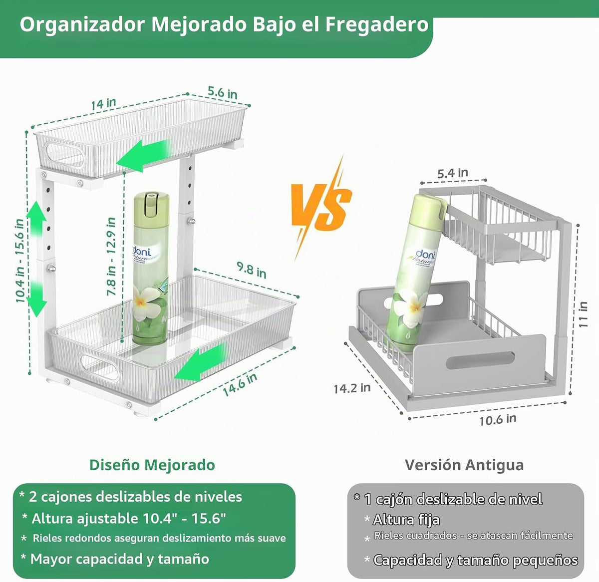 ADRIMER Organizador para debajo del fregadero, 2 paquetes, organiza...