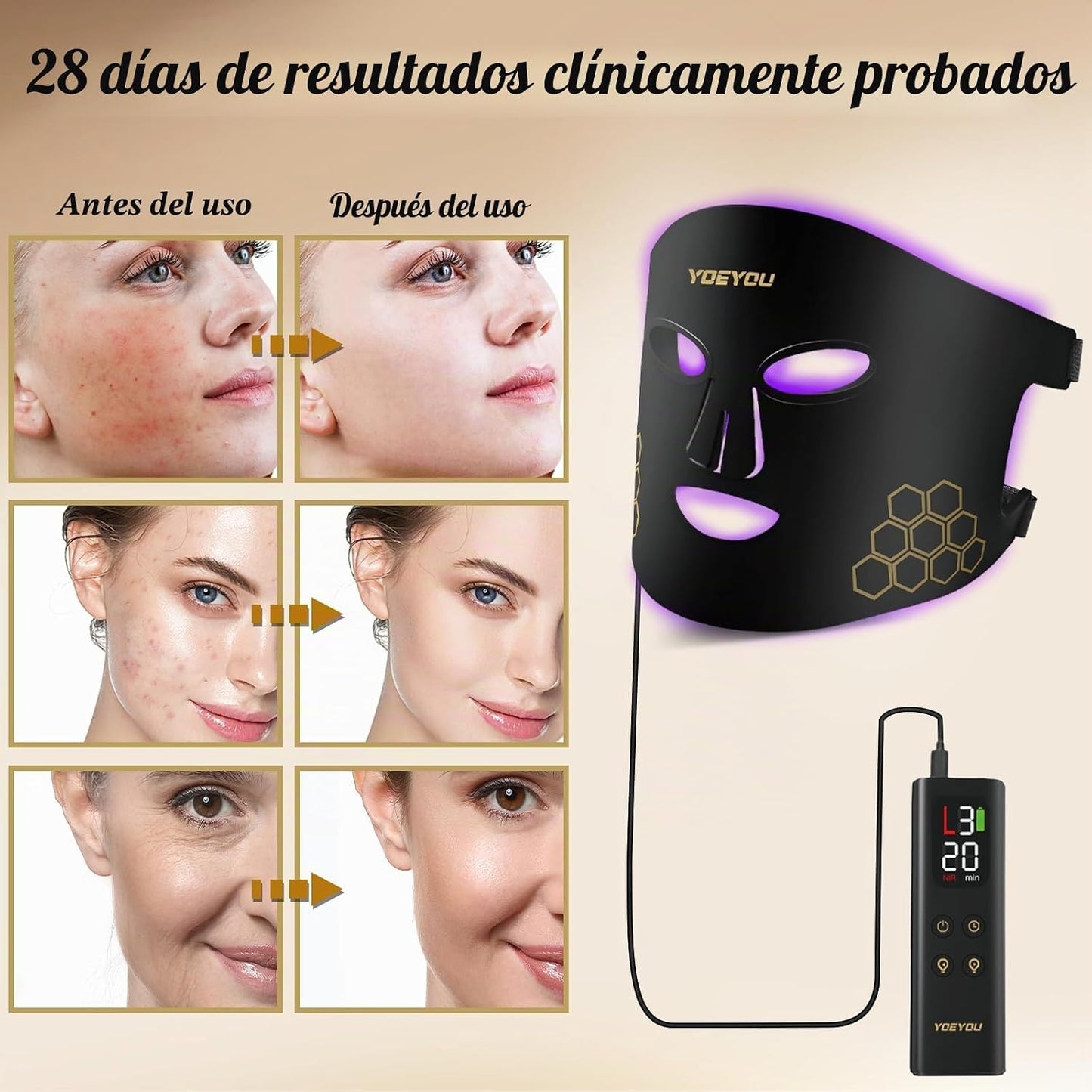 YOEYOU Terapia de luz roja para cara, máscara facial LED infrarroja...
