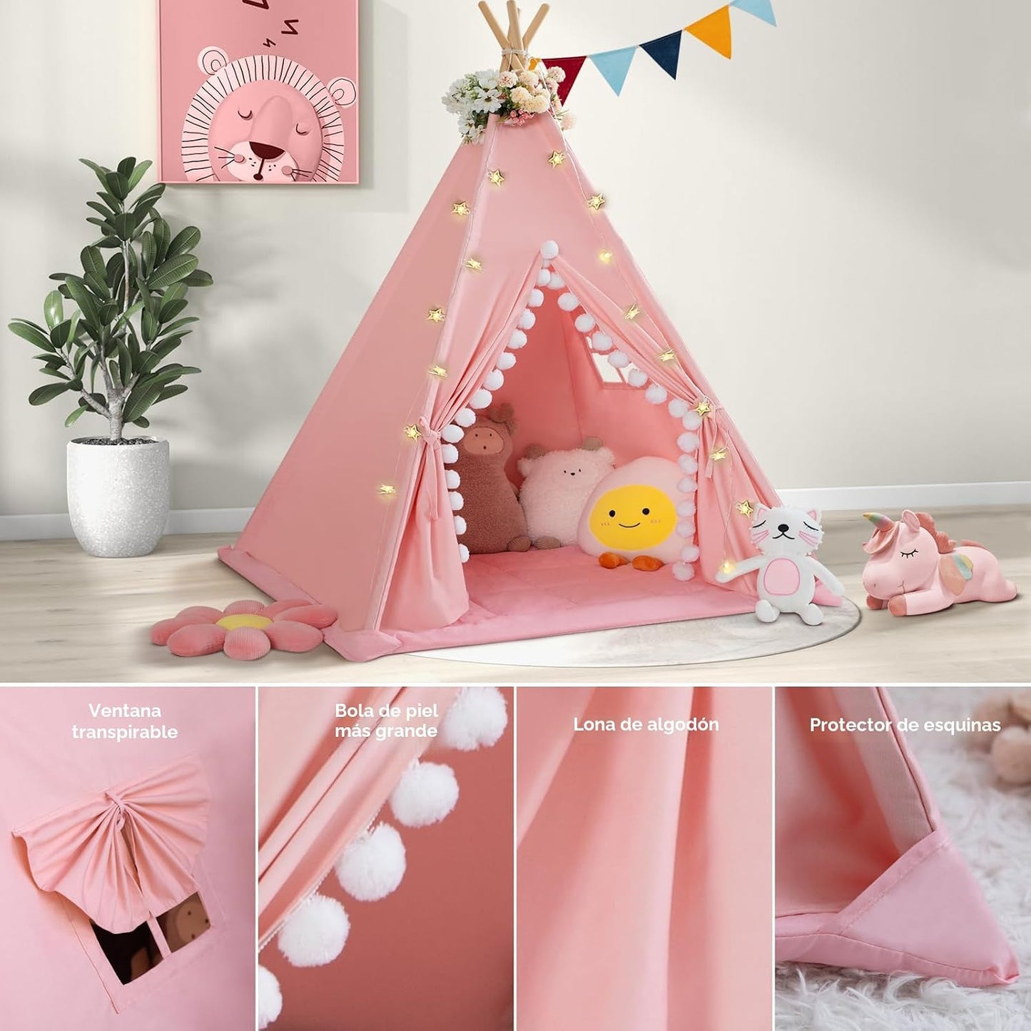 WIRHAO - Tienda de campaña tipi para niños con alfombra acolchada,...
