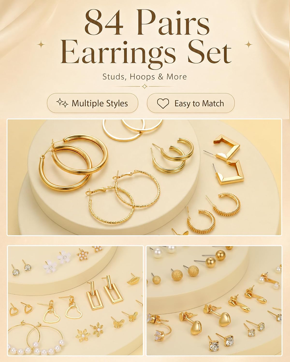 84 Pares de Aretes de Tuerca de Oro para Mujer Multipack, Paquetes...