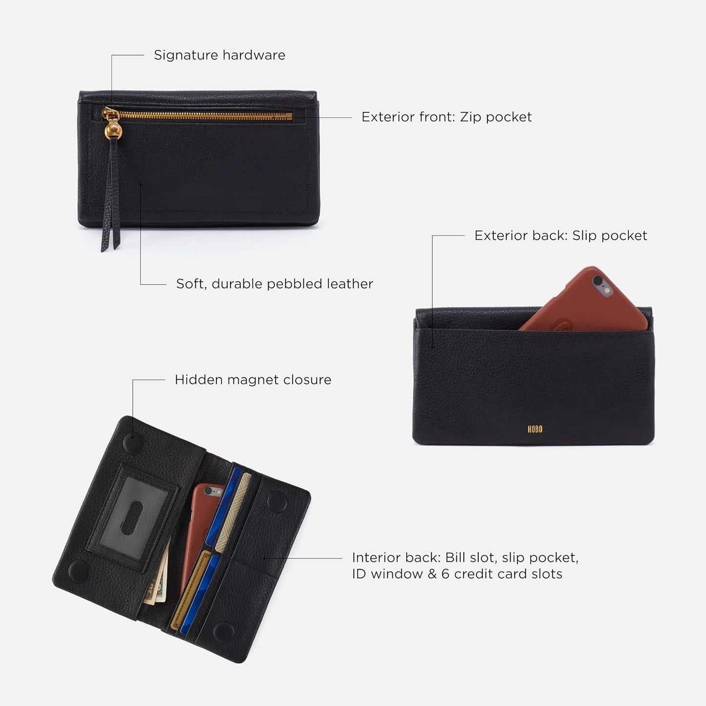 HOBO Cartera Lumen Continental para mujer | Cuero, cierre magnético...