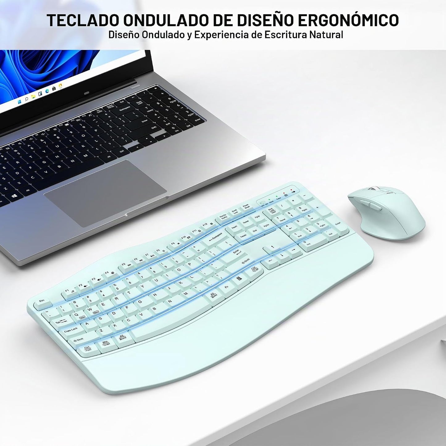Combo de teclado y mouse inalámbricos, teclas onduladas de tamaño c...