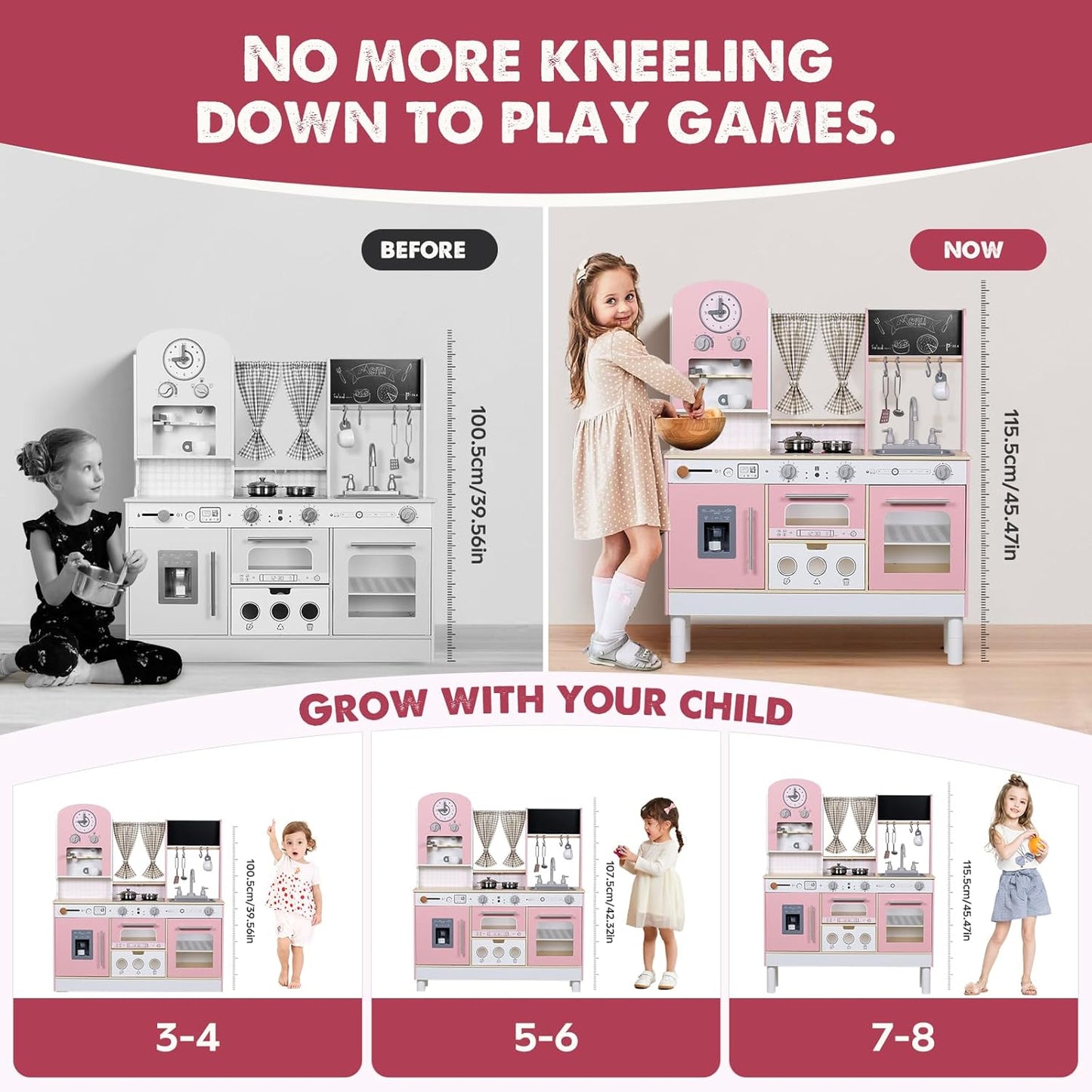 EDUBEBO Juego de cocina para niños, cocina de juego de madera, altu...