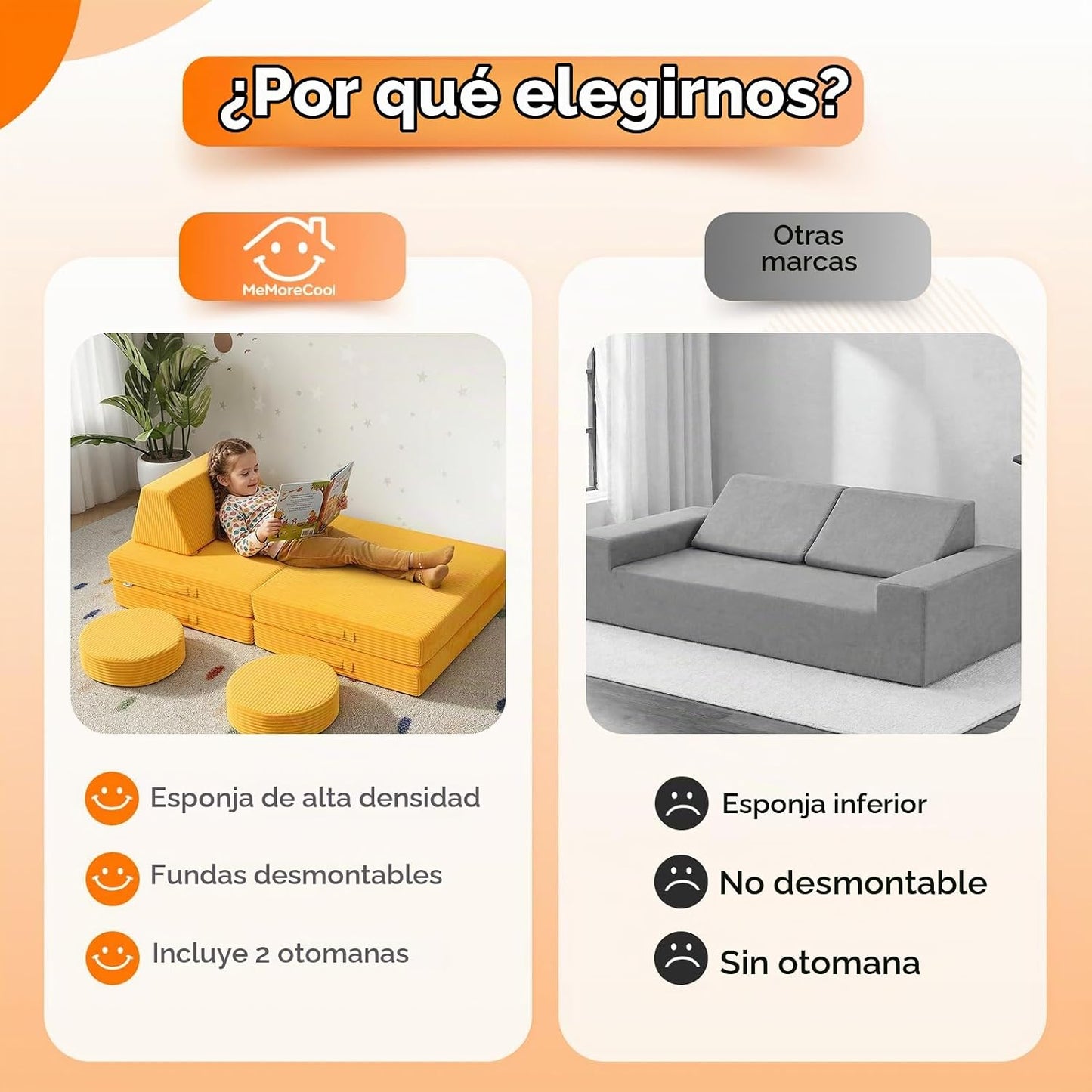 MeMoreCool - Sofá infantil de pana de 8 piezas, color amarillo, jue...