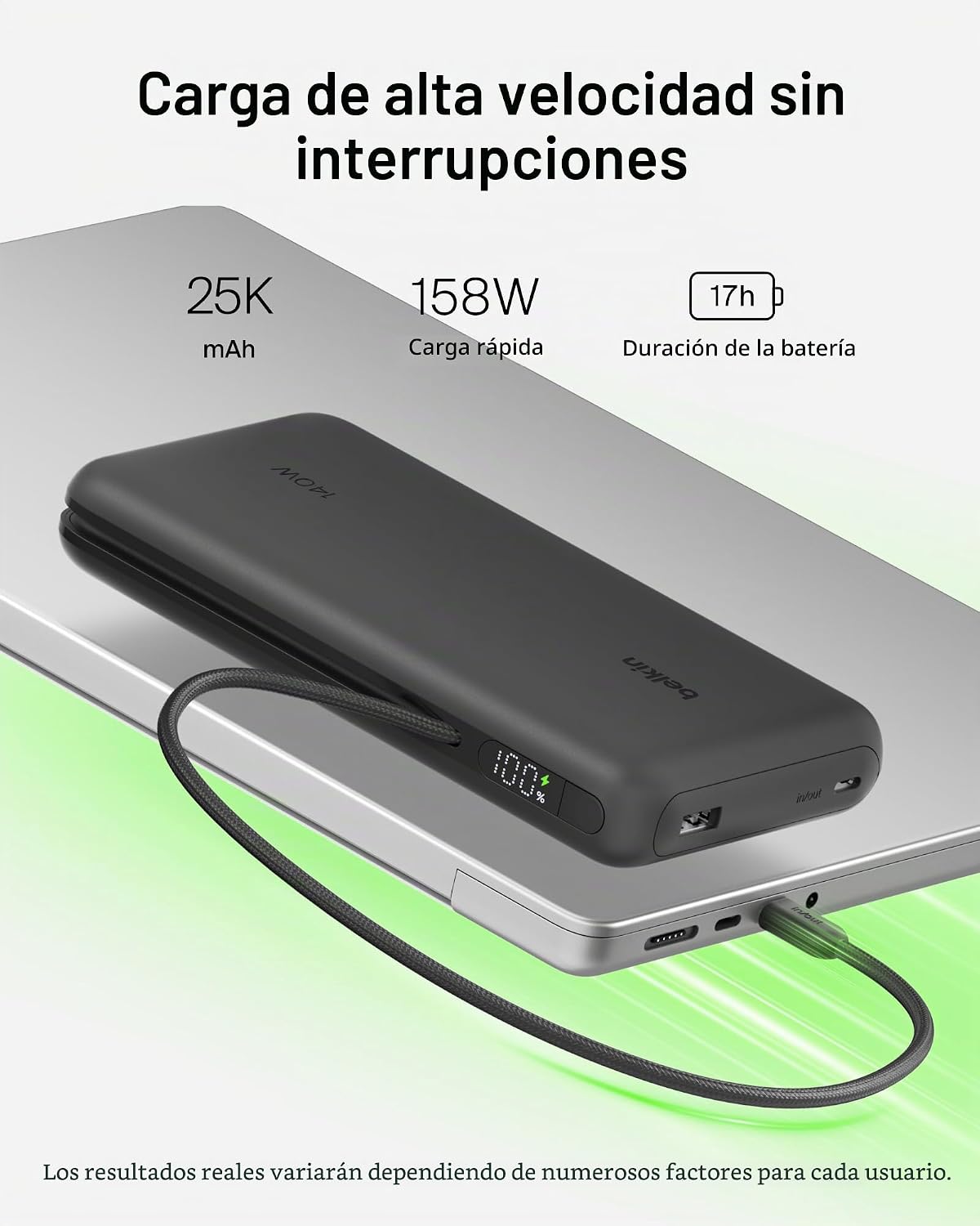 Belkin Cargador portátil de 25 K, banco de energía con cable USB C...