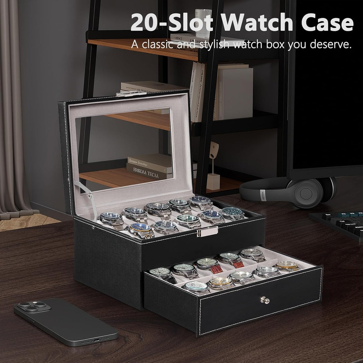 BEWISHOME Caja de reloj, organizador de caja de reloj de 20 ranuras...