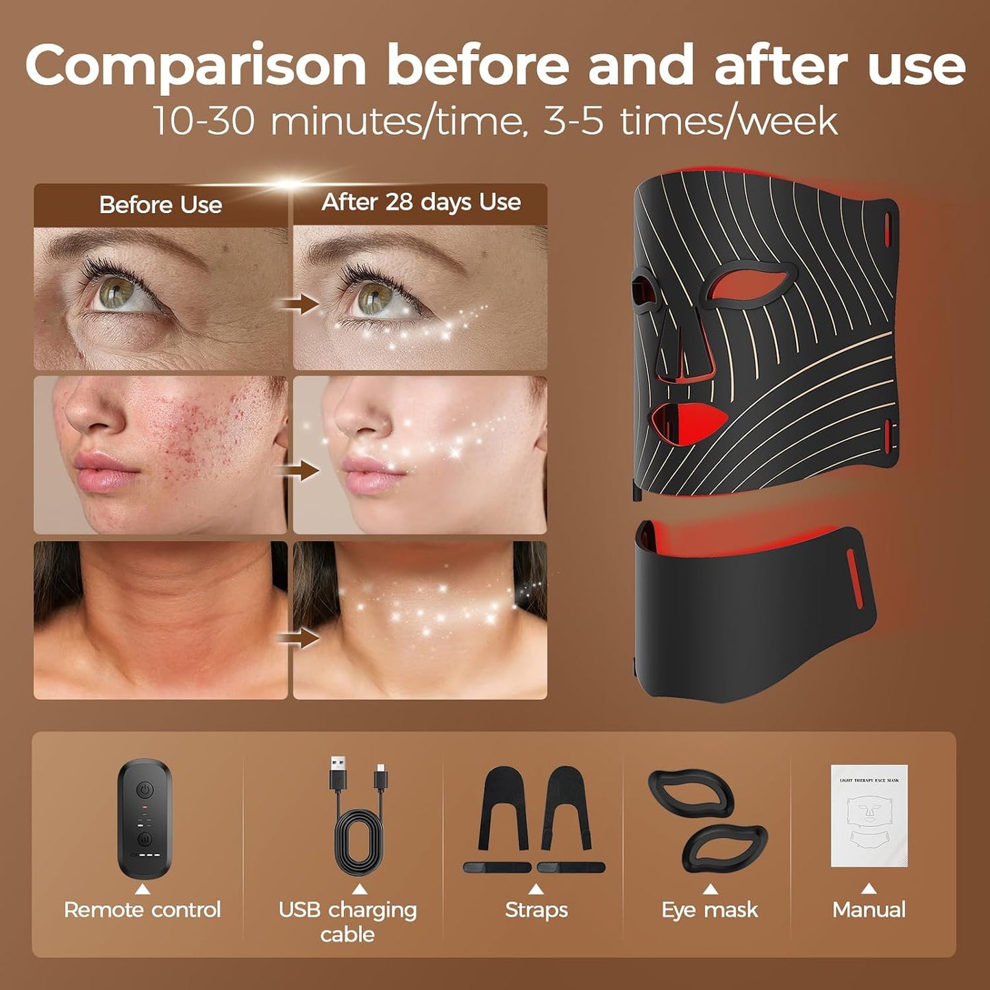 ONLUKY Terapia de luz roja para cara, máscara facial LED terapia de...