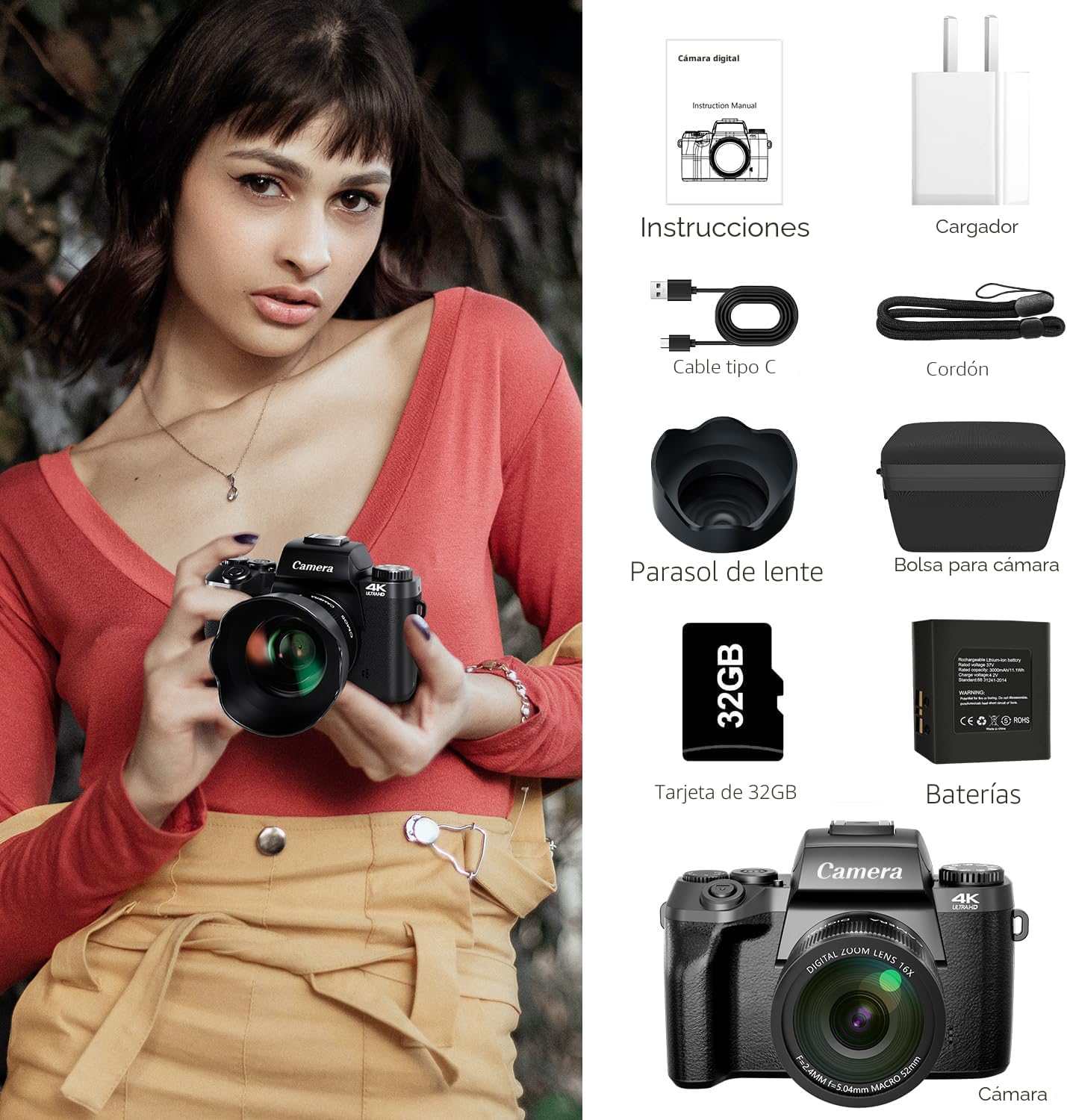 Saneen Cámara digital, cámaras 4K para fotografía y video, cámara d...