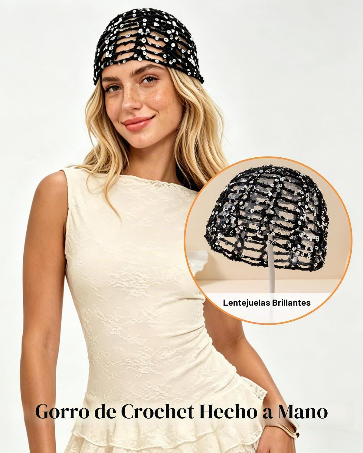 HENWASAI Gorro de ganchillo brillante para mujer con ribete de perl...