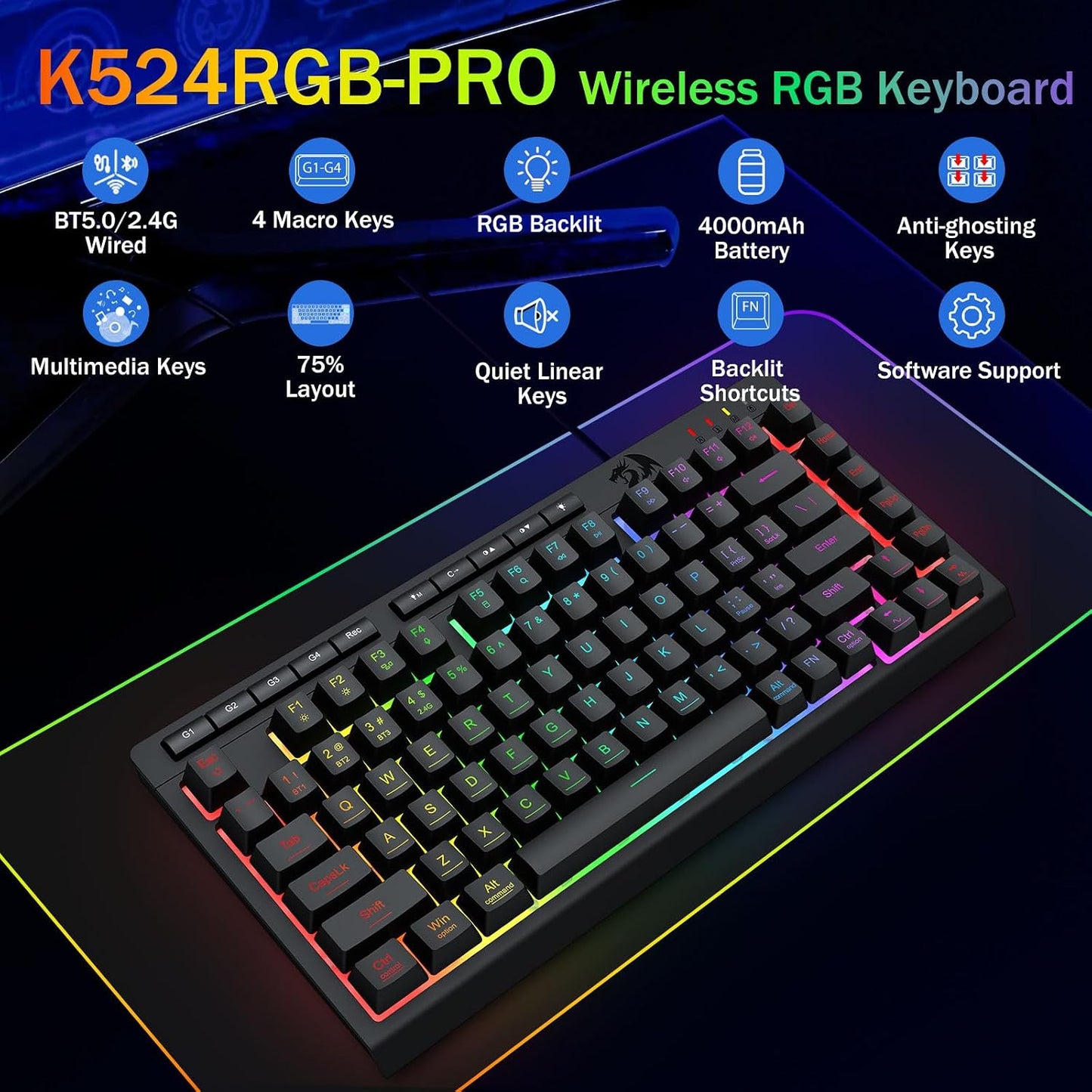 Redragon Teclado Inalámbrico Portátil para Juegos, Bluetooth\/2.4GH...