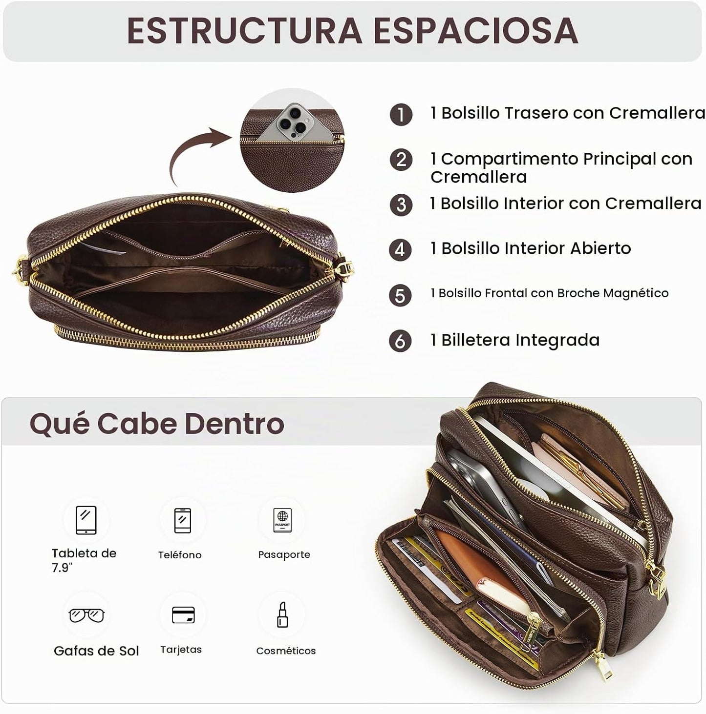 Kattee Bolso cruzado de cuero para mujer, pequeño, antirrobo, con c...