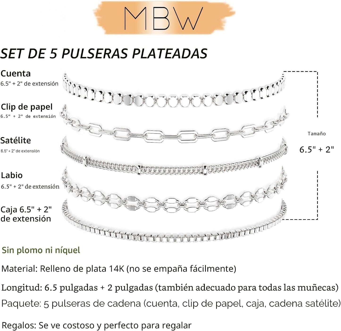 MBW Pulseras chapadas en plata para mujer, delicadas pulseras de pl...