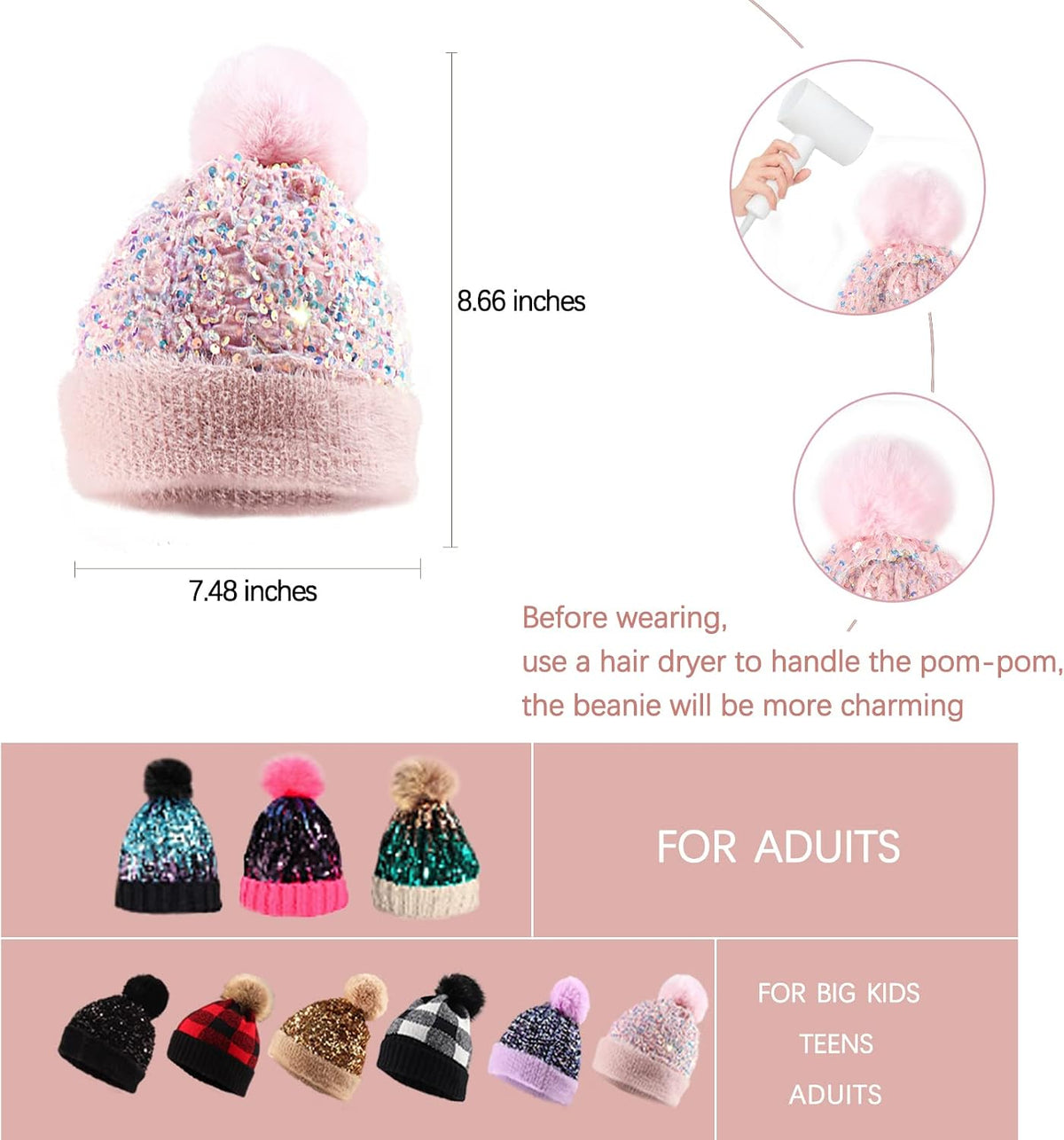 Homiton Gorro de punto tipo beanie con lentejuelas para mujer con p...
