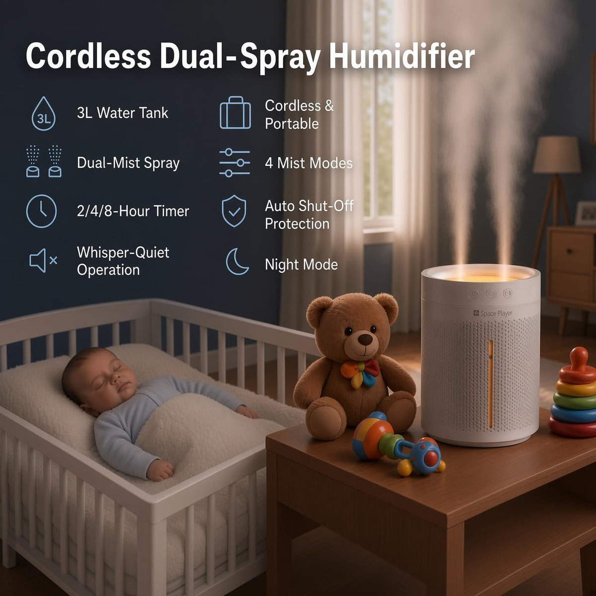 Humidificador de niebla fría Space Player para dormitorio, humidifi...