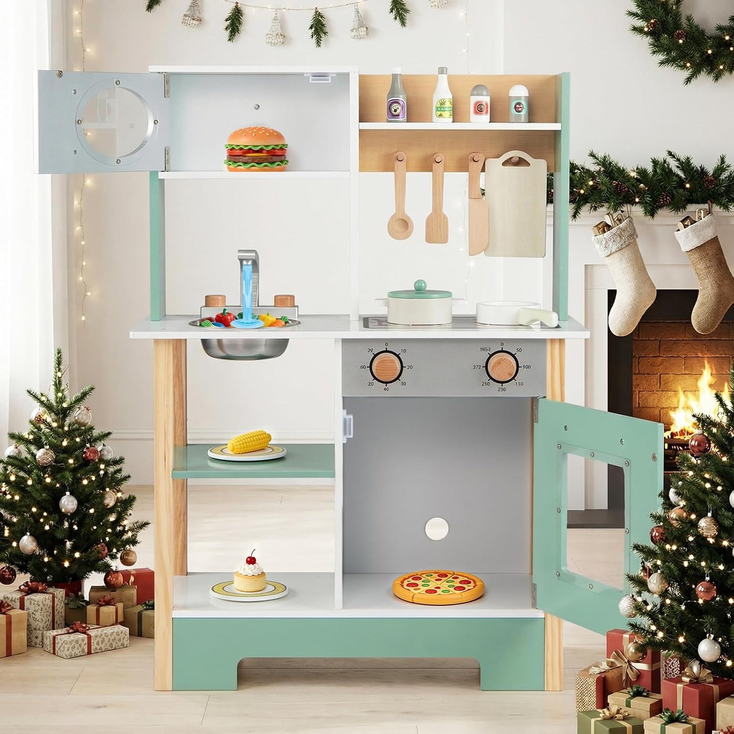 HONEY JOY Juego de cocina con pizarra, juego de cocina de madera pa...