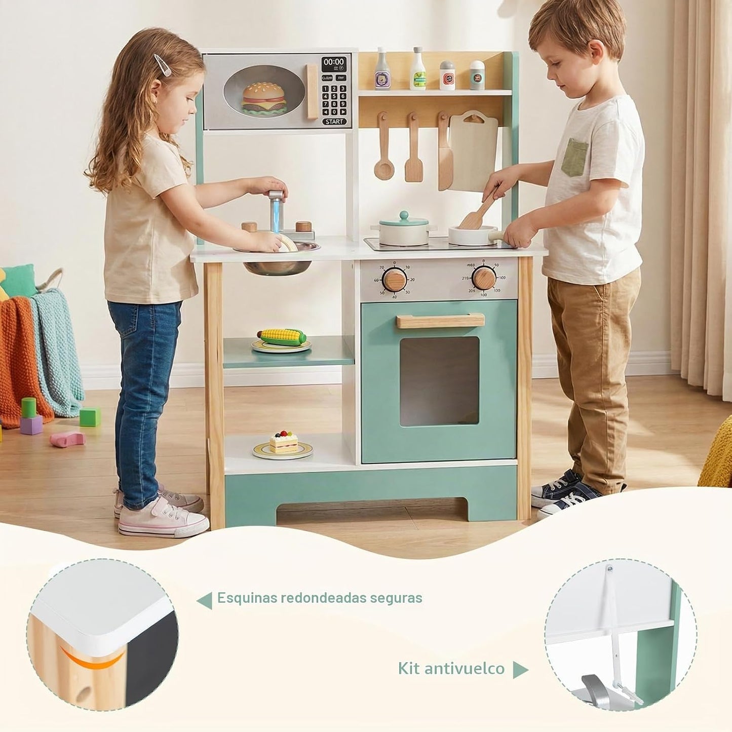HONEY JOY Juego de cocina con pizarra, juego de cocina de madera pa...