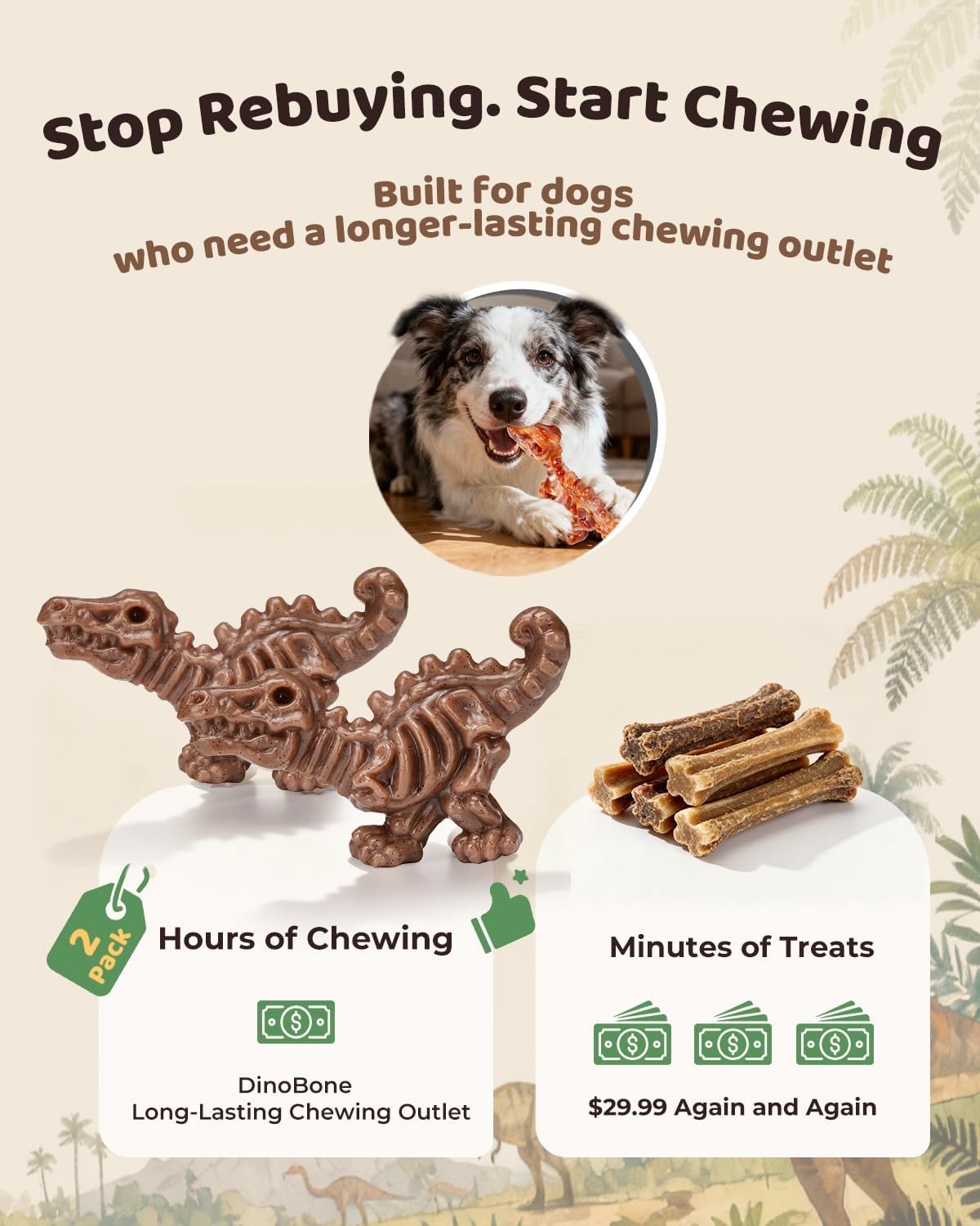 DinoBone Paquete de 2 juguetes masticables para perros resistentes...