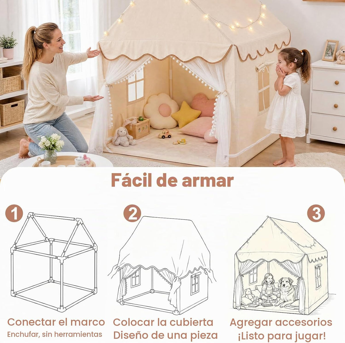 Tienda de juegos grande para niños con tapete y luces de estrellas,...