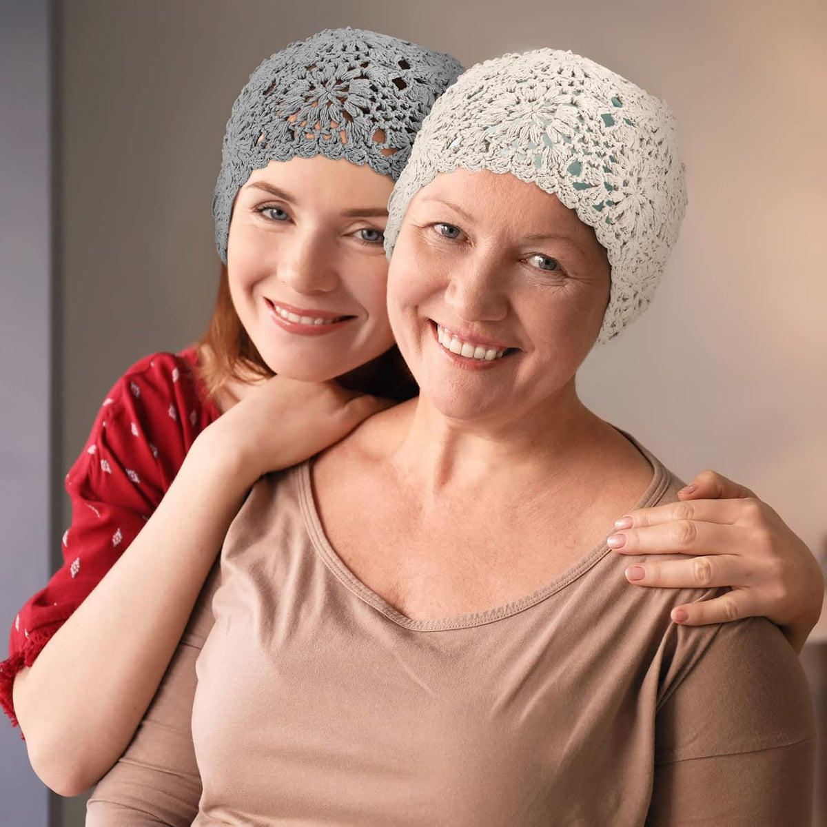 2 piezas de gorro holgado de ganchillo floral hecho a mano con cort...