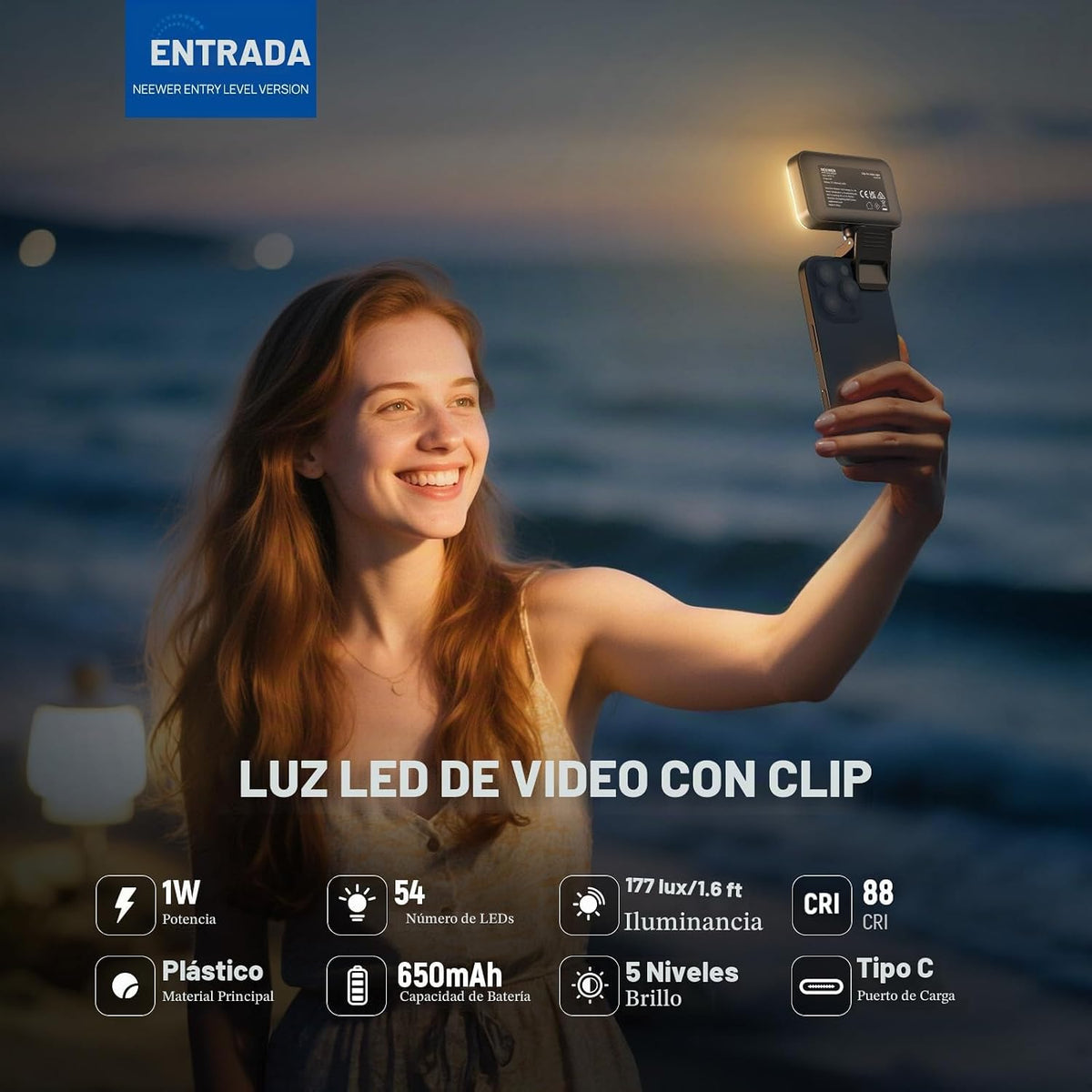 NEEWER Luz LED para selfie de nivel de entrada, 54 LED con clip de...