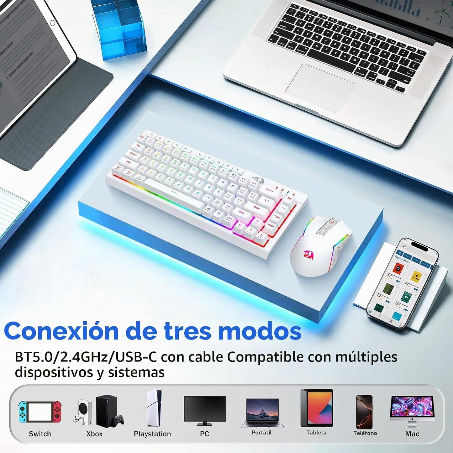 Redragon Combo de teclado y mouse inalámbricos para juegos, Bluetoo...