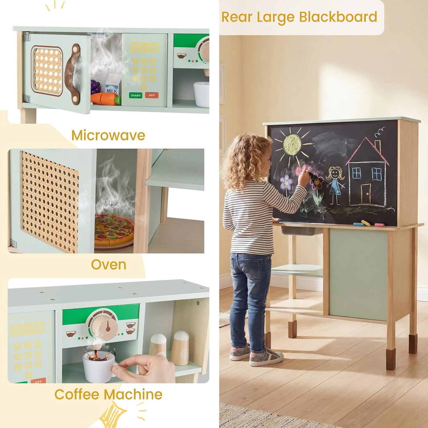 HONEY JOY Juego de cocina con pizarra, juego de cocina de madera de...