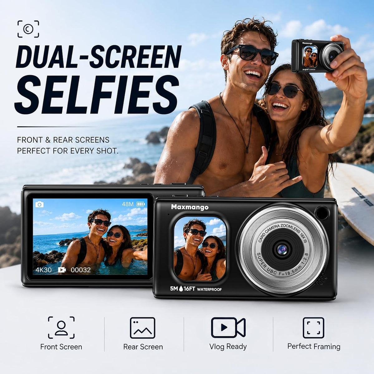 Cámara digital subacuática de 16 pies, 4K 48MP 1500mAh batería desp...