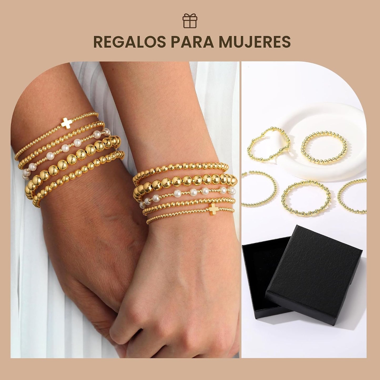Yoosteel Juego de pulseras de cuentas de oro para mujeres, adolesce...