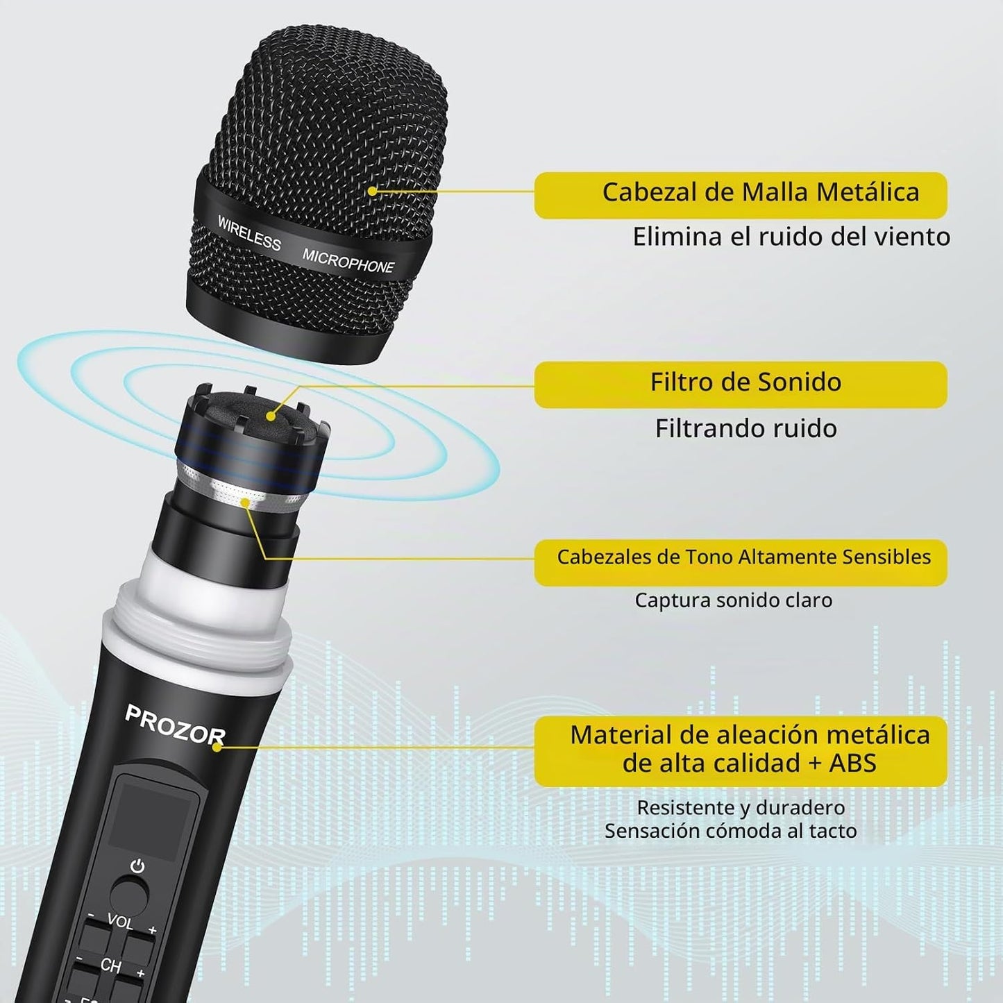PROZOR Micrófono inalámbrico UHF con control de eco de graves agudo...