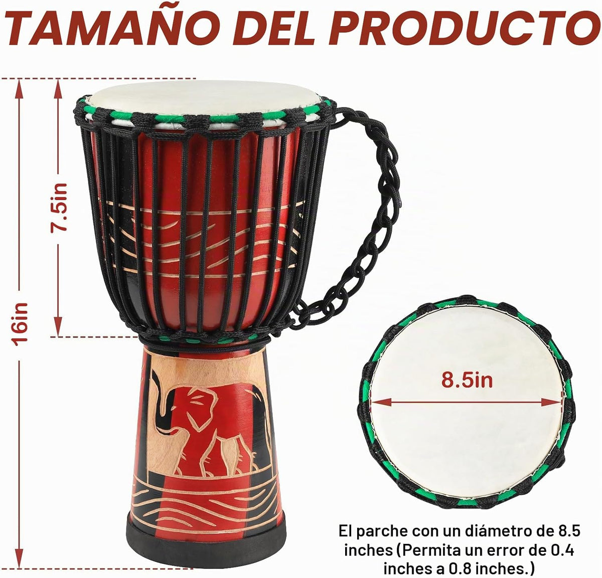 GOGHOST - Tambor africano de madera Djembe para adultos, 8.5 x 16 p...