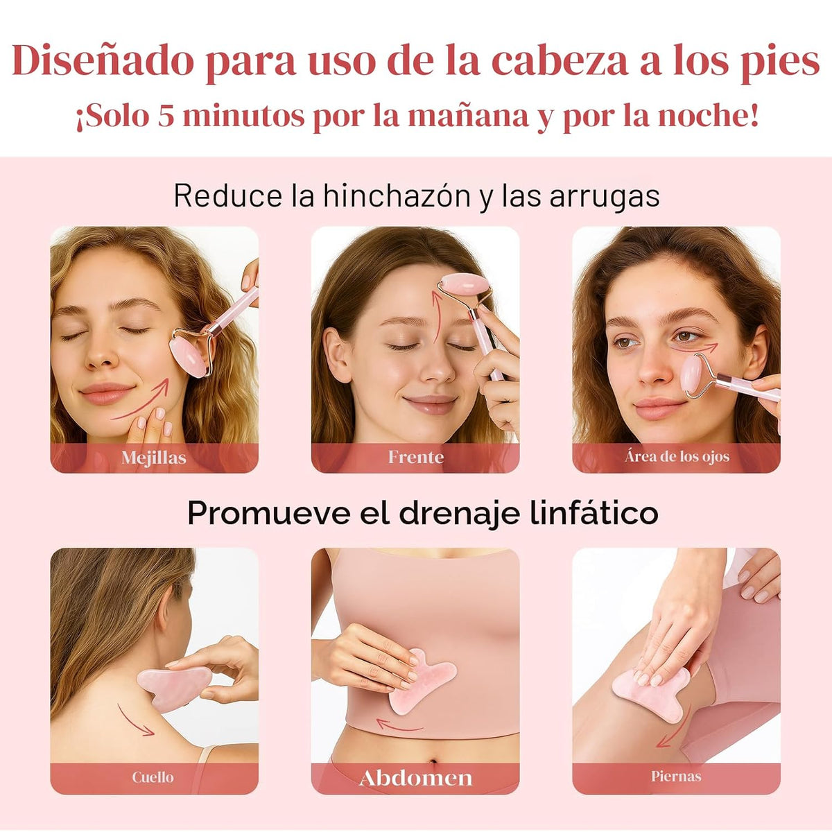BAIMEI IcyMe - Juego de rodillos de cuarzo rosa y herramientas faci...