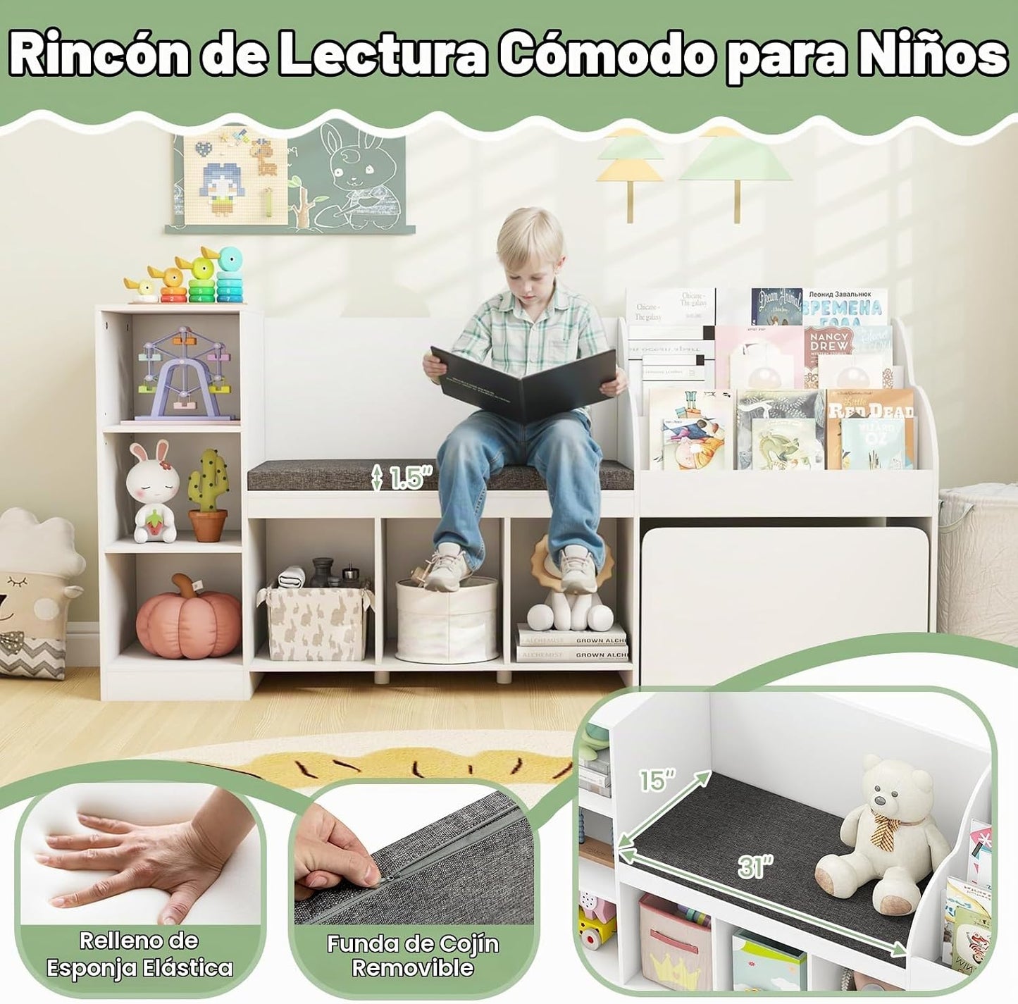 Costzon Estantería infantil de 67 pulgadas con rincón de lectura, o...