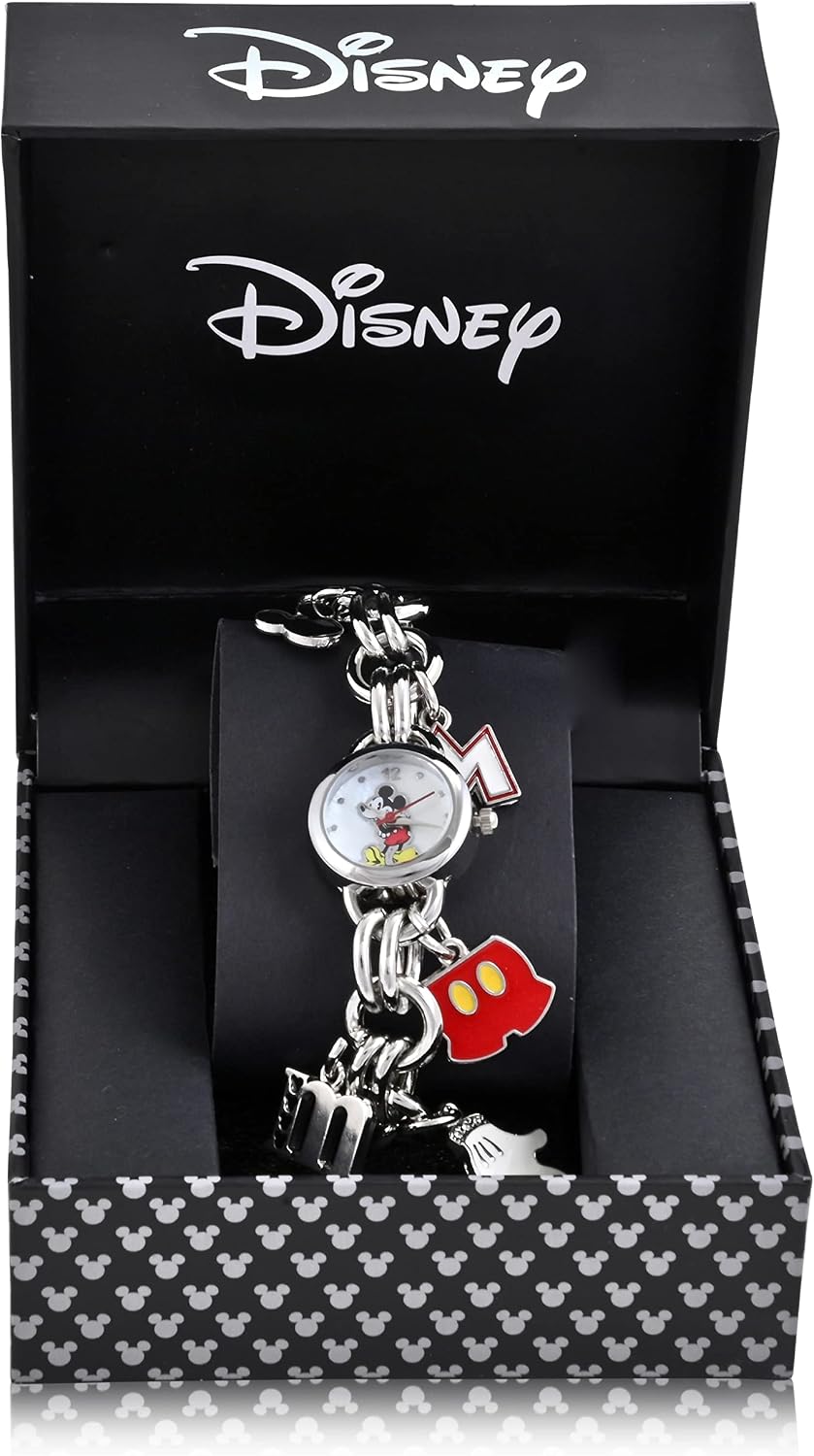 Disney Mickey Mouse - Reloj de pulsera con dije plateado para niños...