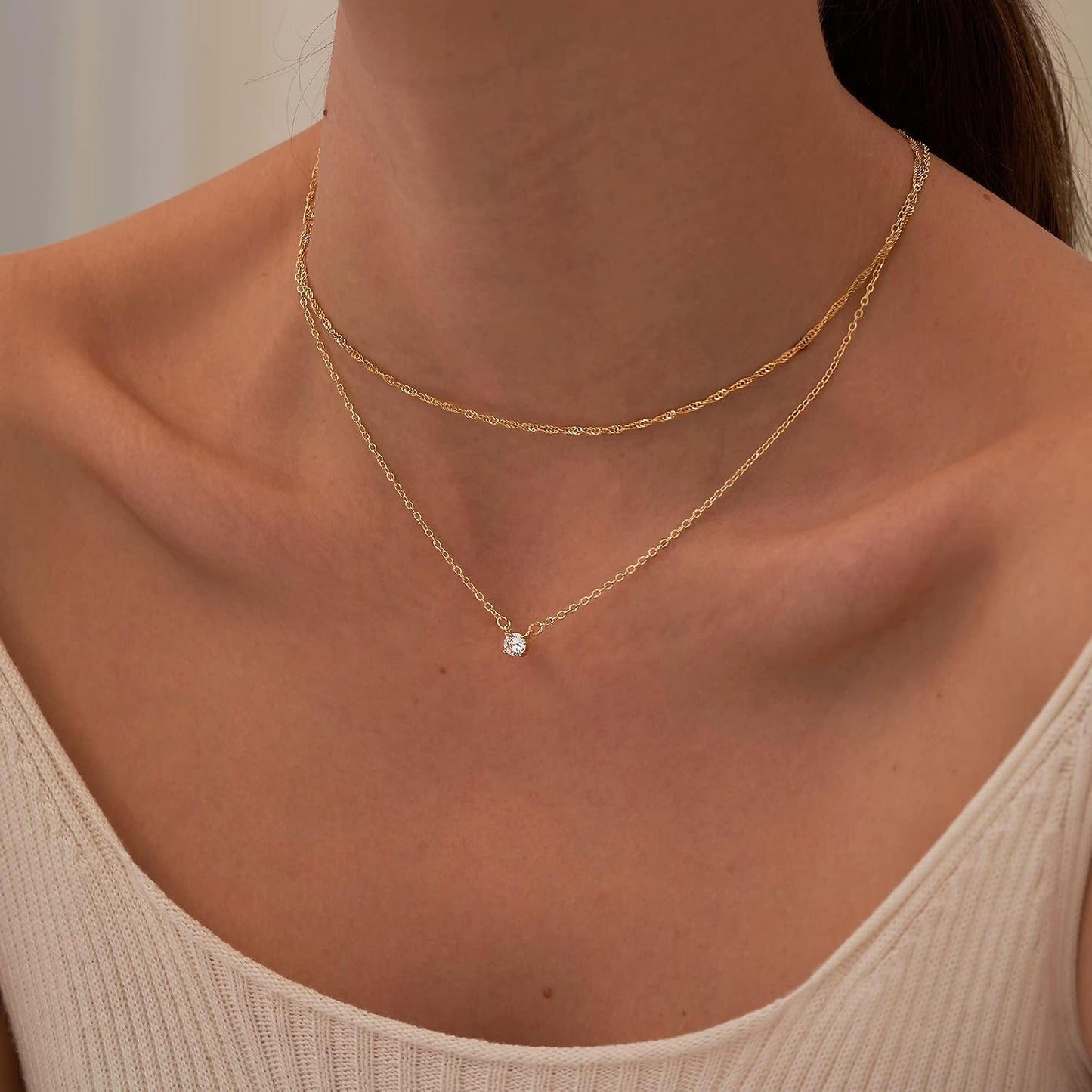 Tewiky delicados collares chapados en oro de 14 quilates con circon...