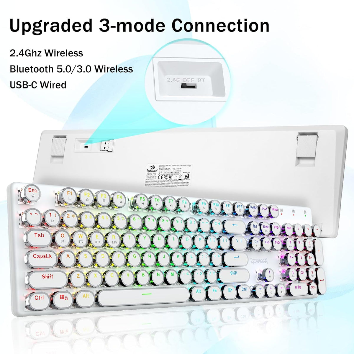 Redragon K710 - Teclado mecánico inalámbrico tipo máquina de escrib...