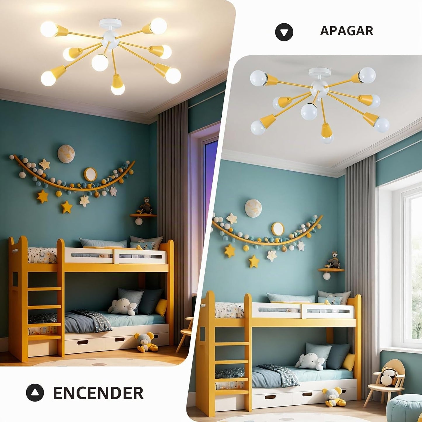 Ymlii Lámpara de techo amarilla Sputnik, 8 luces de techo para niño...