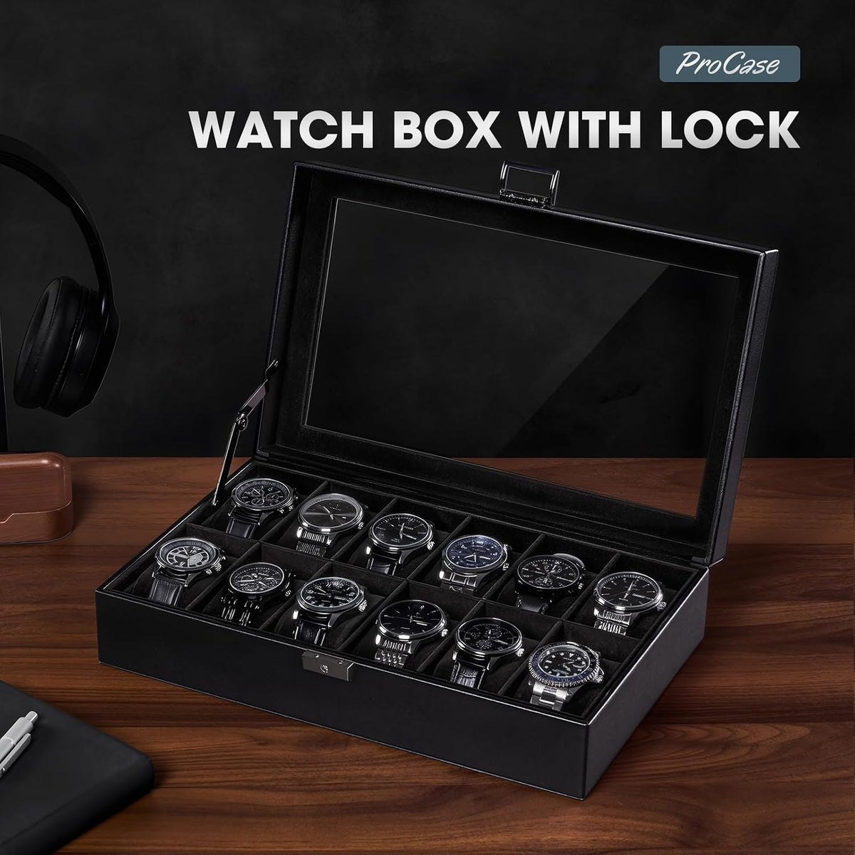 ProCase Caja de reloj con 12 ranuras para hombres -AllBlack | Organ...