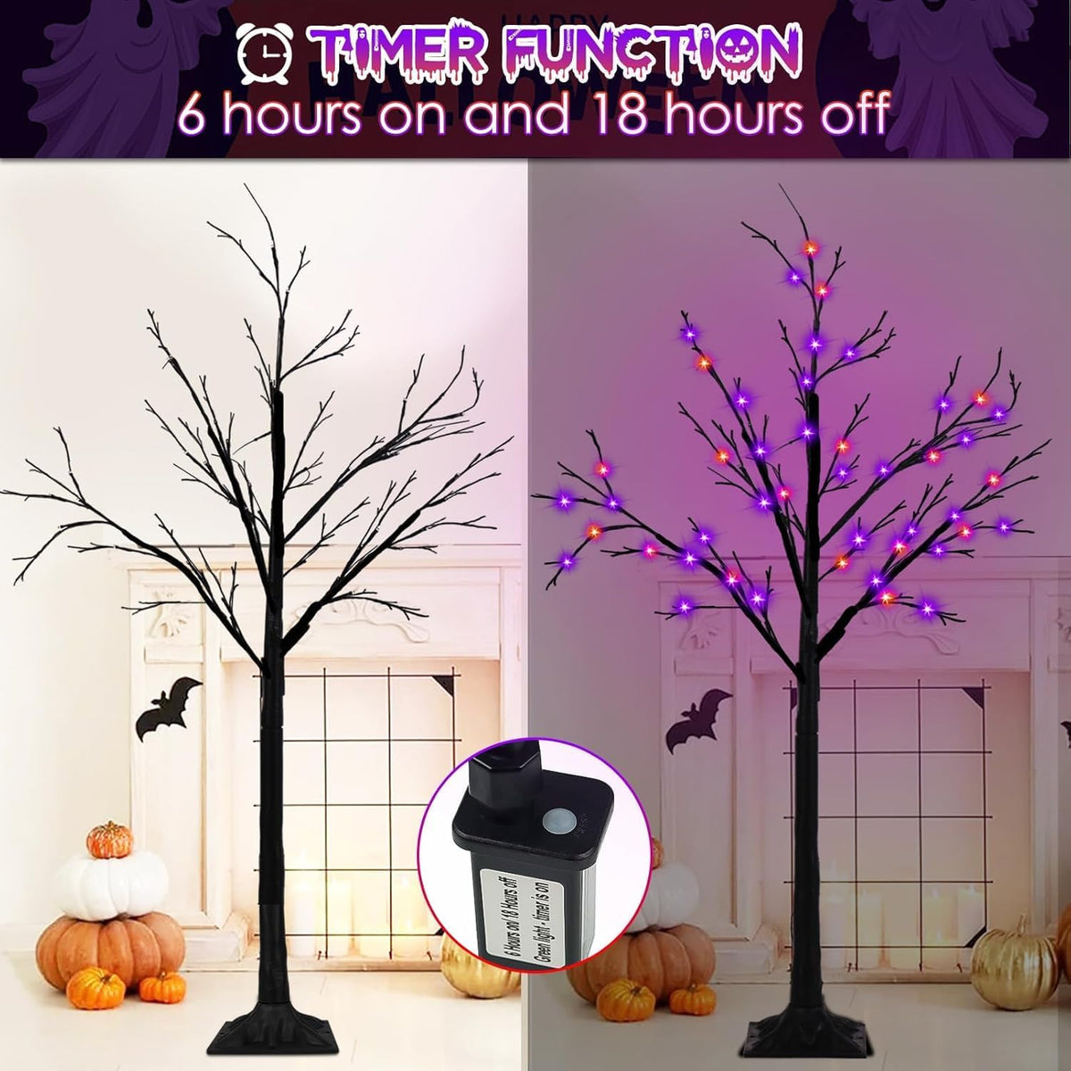 Paquete de 3 árboles de Halloween negros iluminados de 4 pies, 5 pi...