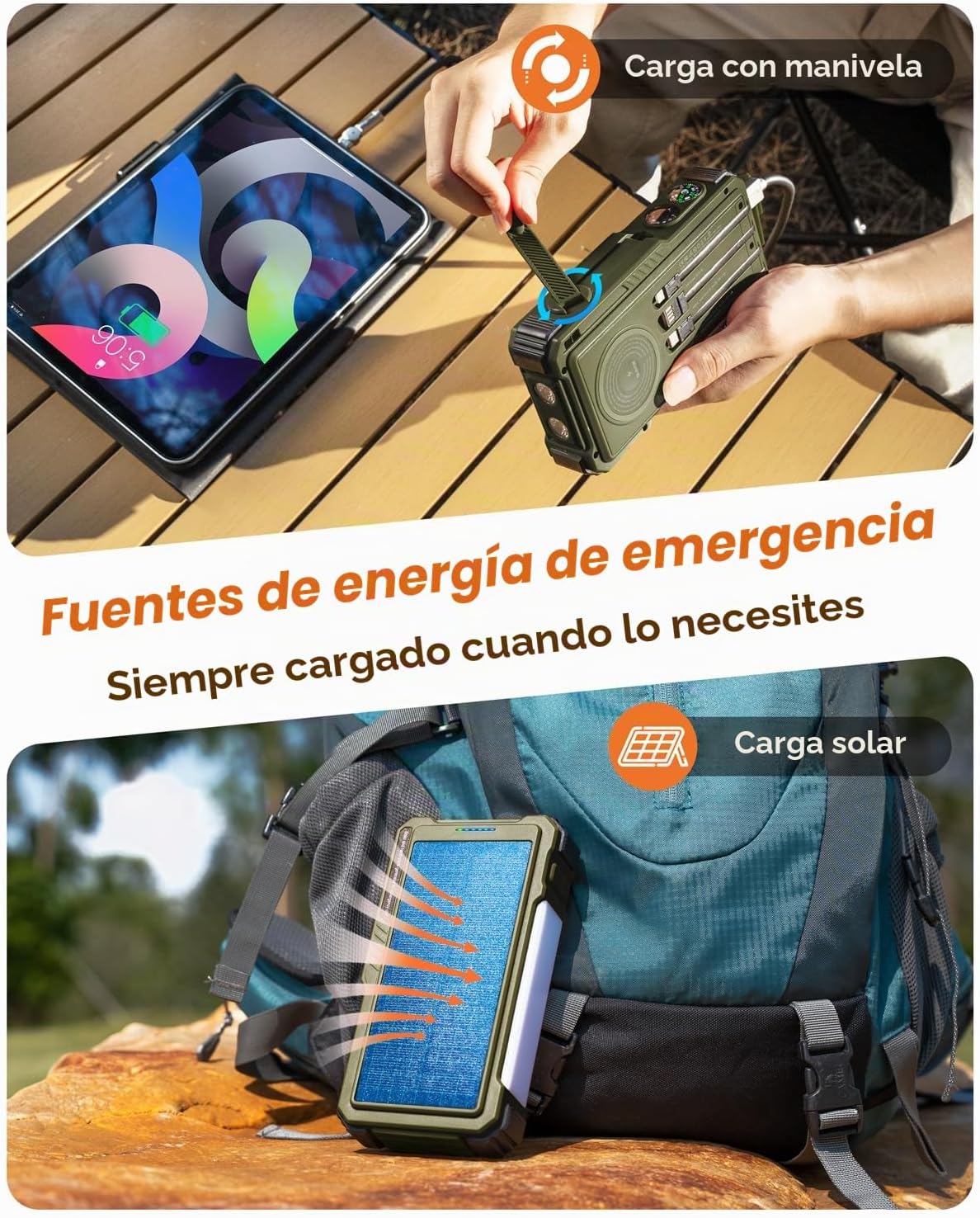 BLAVOR Banco de energía solar con manivela y 4 cables, cargador por...