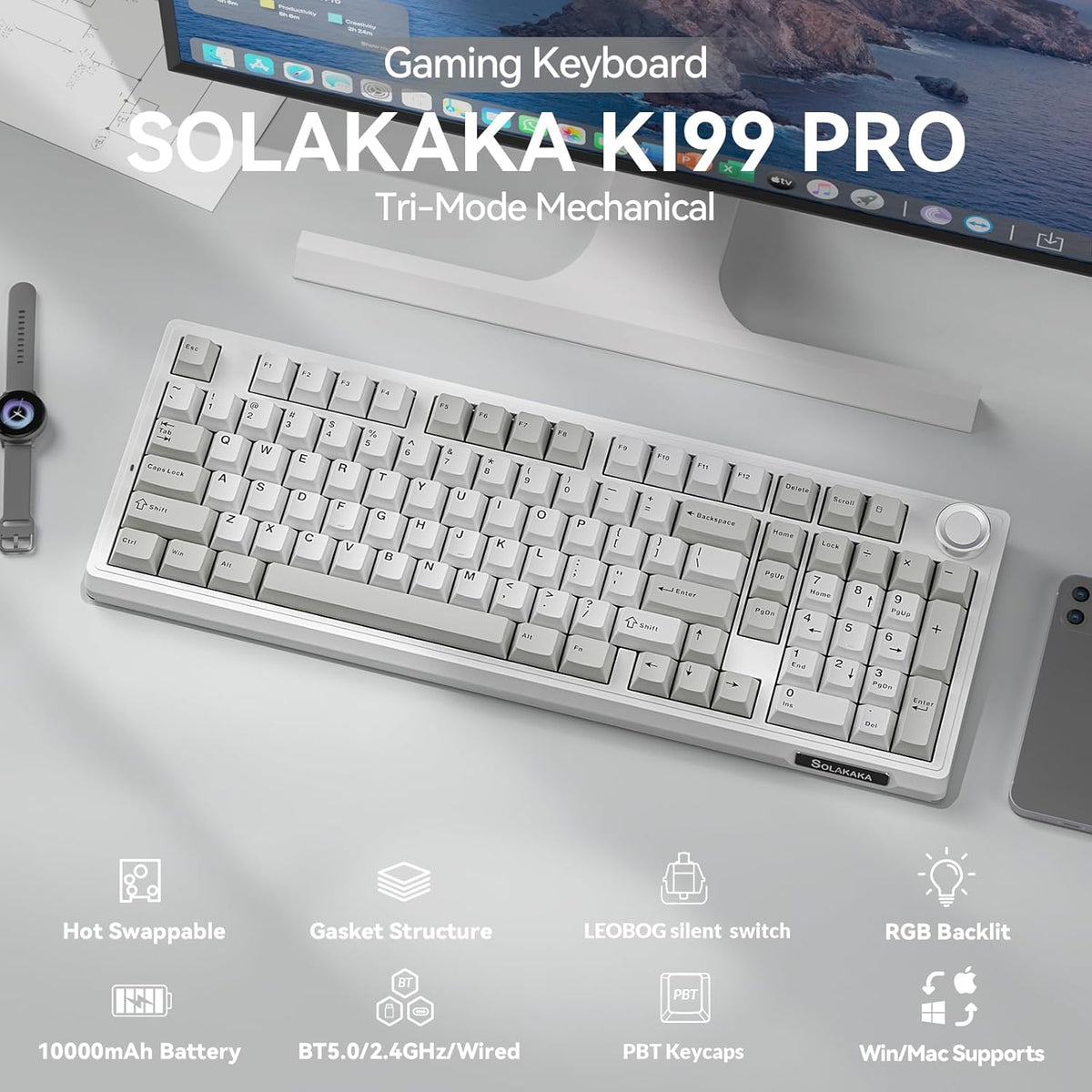 SOLAKAKA KI99 Pro - Teclado mecánico inalámbrico 96%, teclado RGB p...