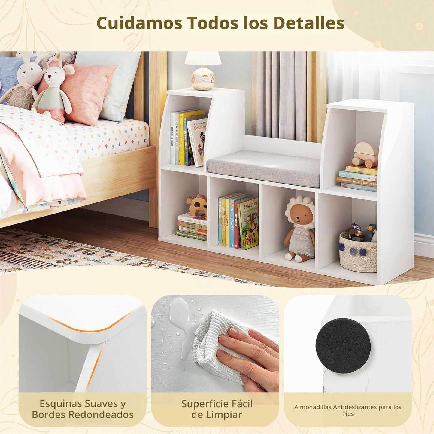 Costzon Estantería infantil con rincón de lectura, organizador de a...