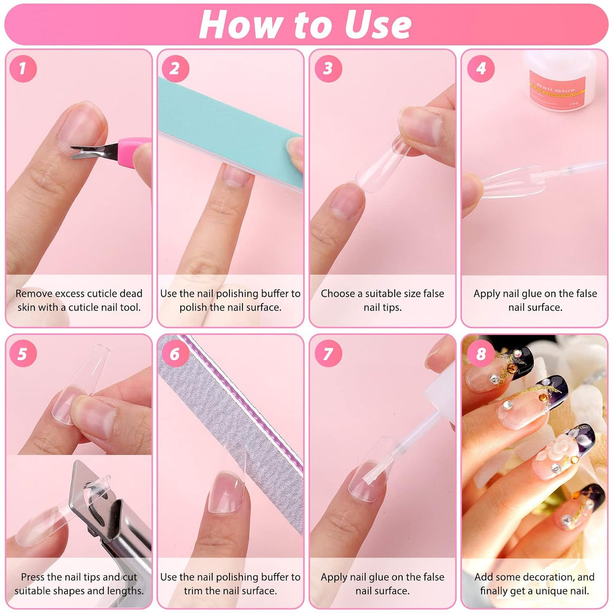 600 piezas de puntas de uñas postizas transparentes estilo ataúd Qi...