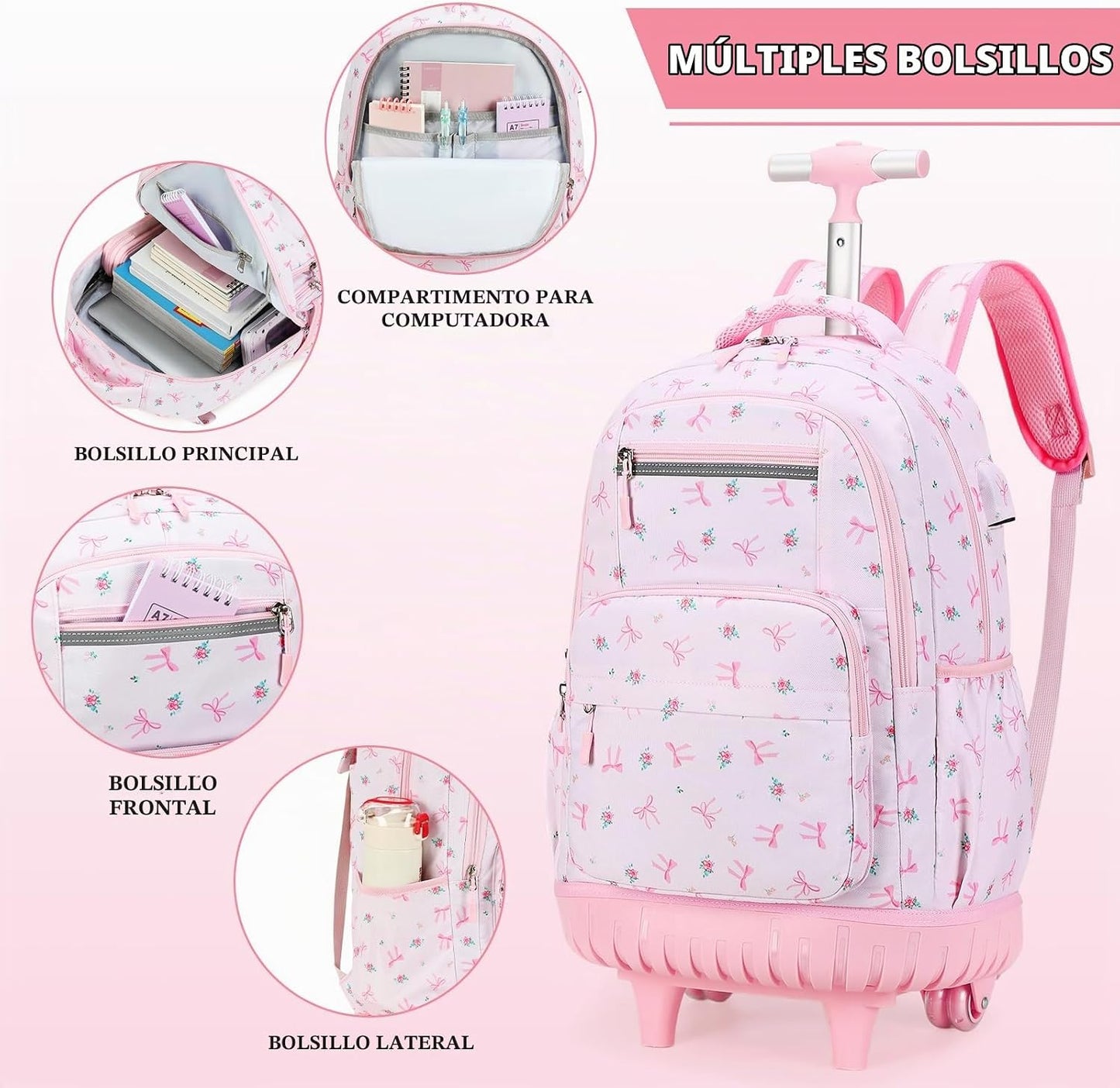 ACESAK Mochila con ruedas para niñas, mochila escolar con ruedas en...