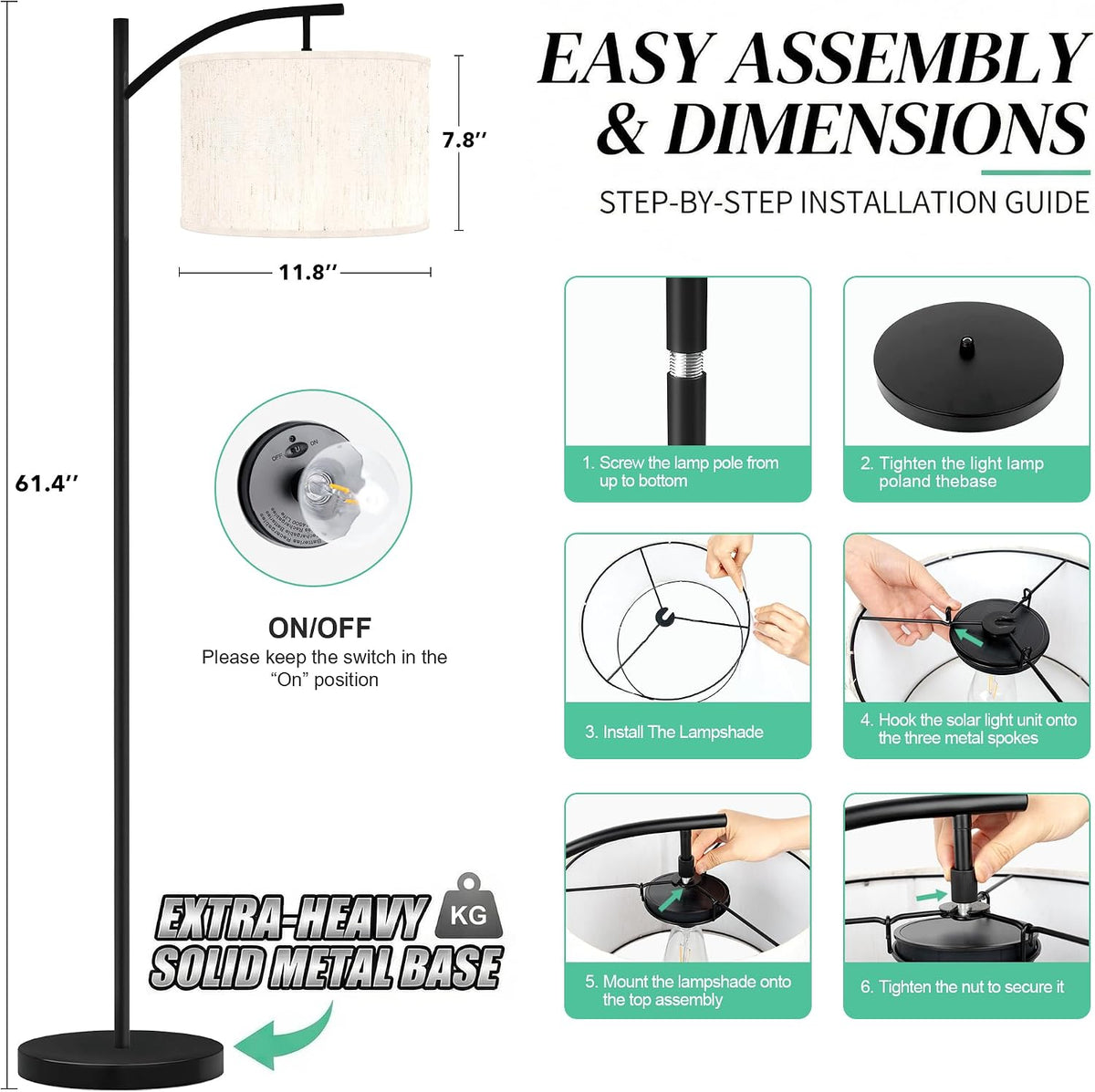 VISFLAIR Lámpara solar de pie para exteriores, luz de pie de arco i...