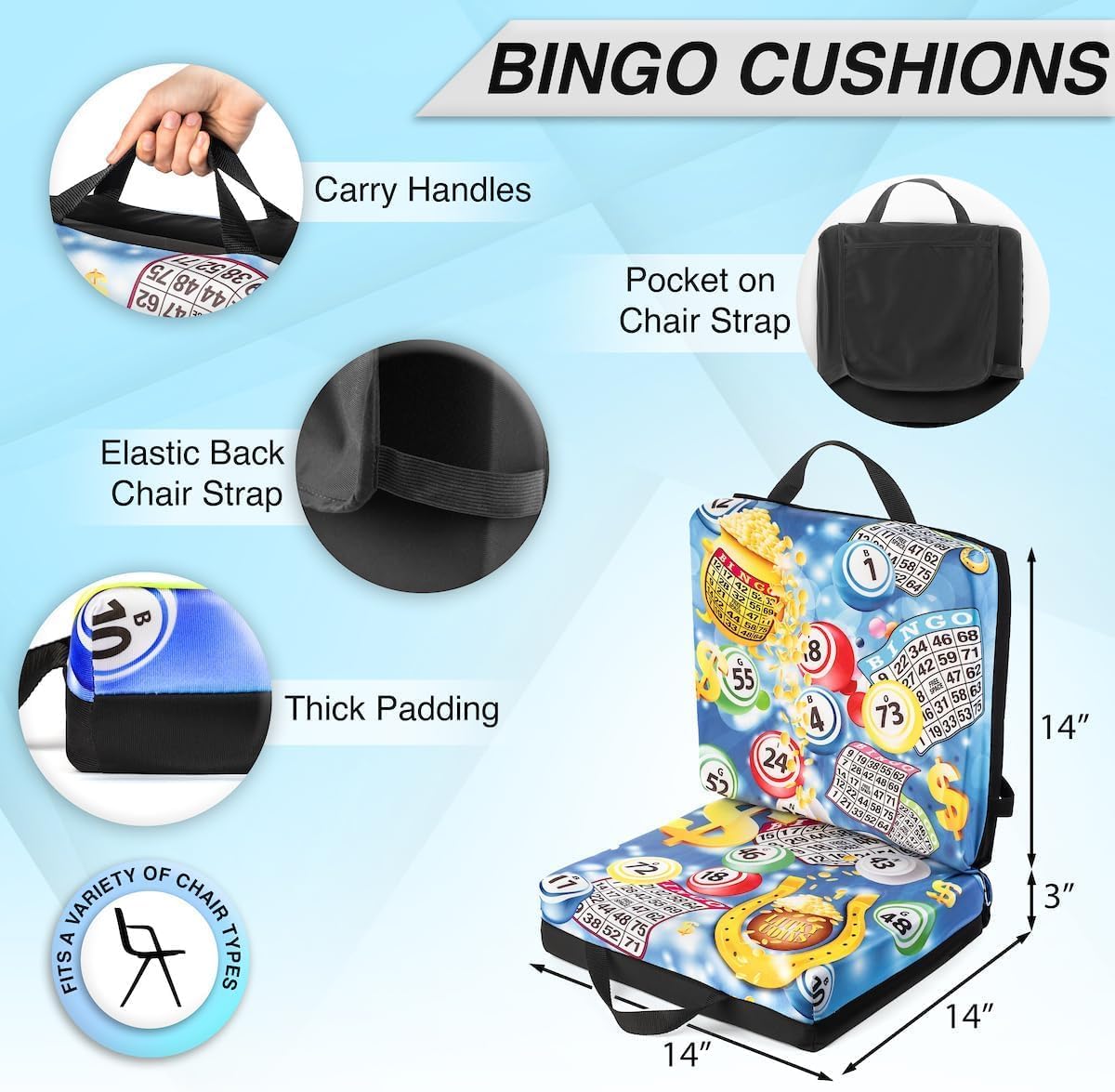 Cojín de asiento con diseño de bote de bingo azul, bolsa de almacen...