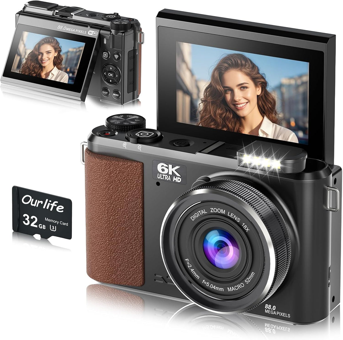 Ourlife Cámara digital de 88 MP 6K, cámaras WiFi para fotografía, c...