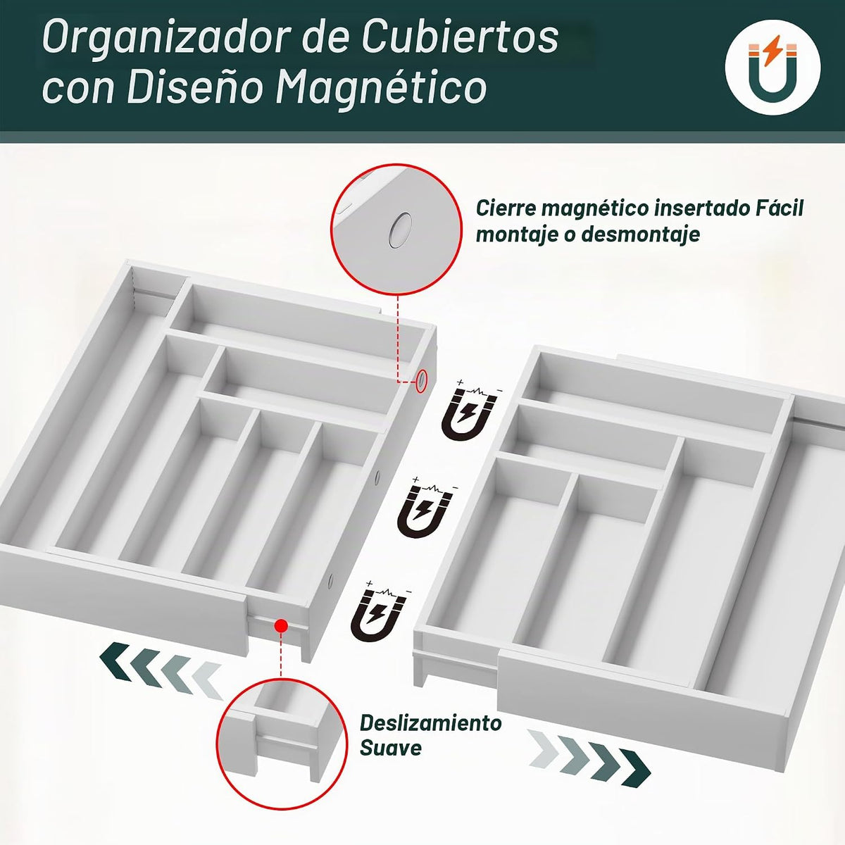 Organizador de cubiertos grande, magnético conectado expandible de...